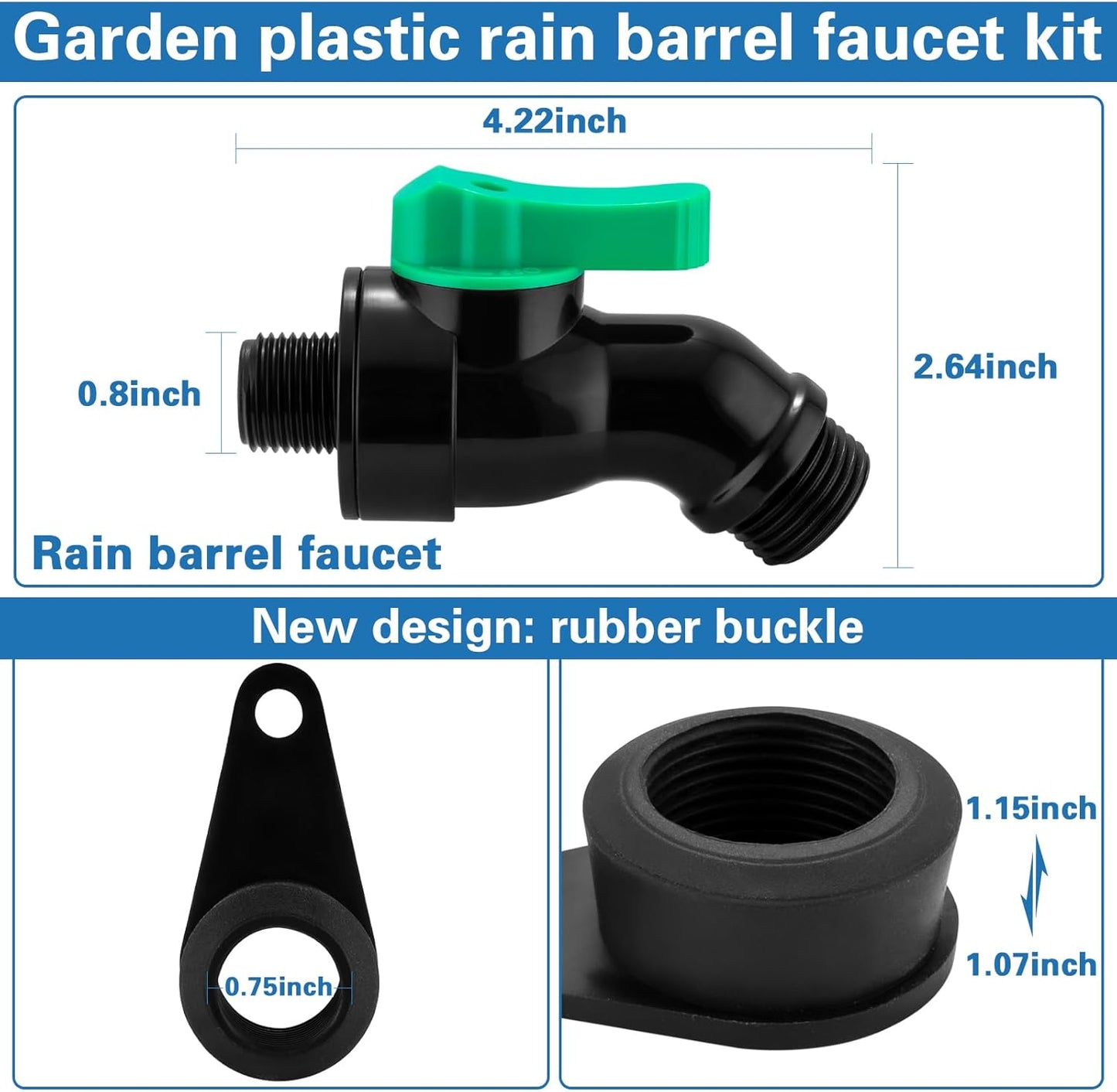 Rain Barrel Spigot Kit with High Flow Valve No Inside Access Needed,External Installation 1/2" NPT to 3/4" GHT Faucet for Plastic WaterTanks,Buckets,Rainwater Drums & Downspout Collectors