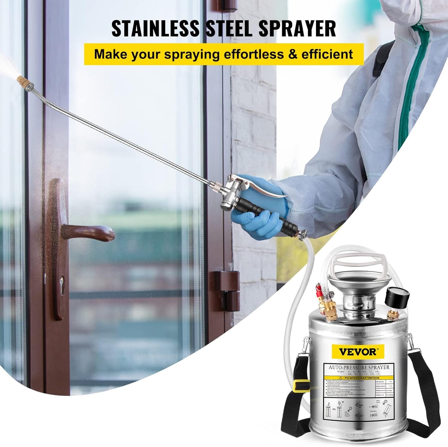 Happybuy 1 Gallon Stainless Steel Pump Sprayer, 12" Wand & 3FT Reinforced Hose, Pressure Gauge, Safety Valve & Adjustable Nozzle, Garden Weed Sprayer for Lawn, Gardening, Sanitizing