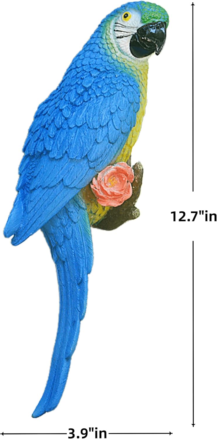 Bird Statue Garden Decorations,Outdoor Resin Bird Figurine Decoration,Bird Statue Real Parrot Figurine,Flapping Macaw Bird Tropical Decor Wall Sculpture, Polyresin, Full Color