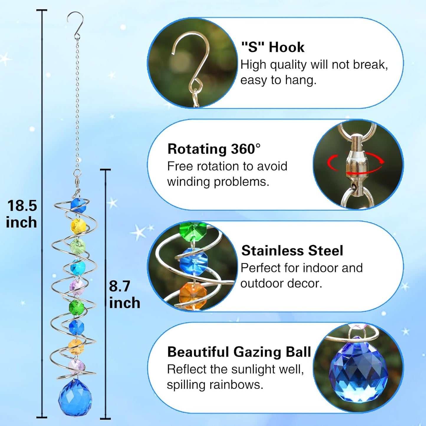 Sun Catchers Gazing Ball Spiral Tail Wind Spinner with Crystal Suncatcher for Hanging Ornaments Decorative Indoor Outdoor Windows Prism Rainbow Maker Car Mirror Home Yard Garden Decor