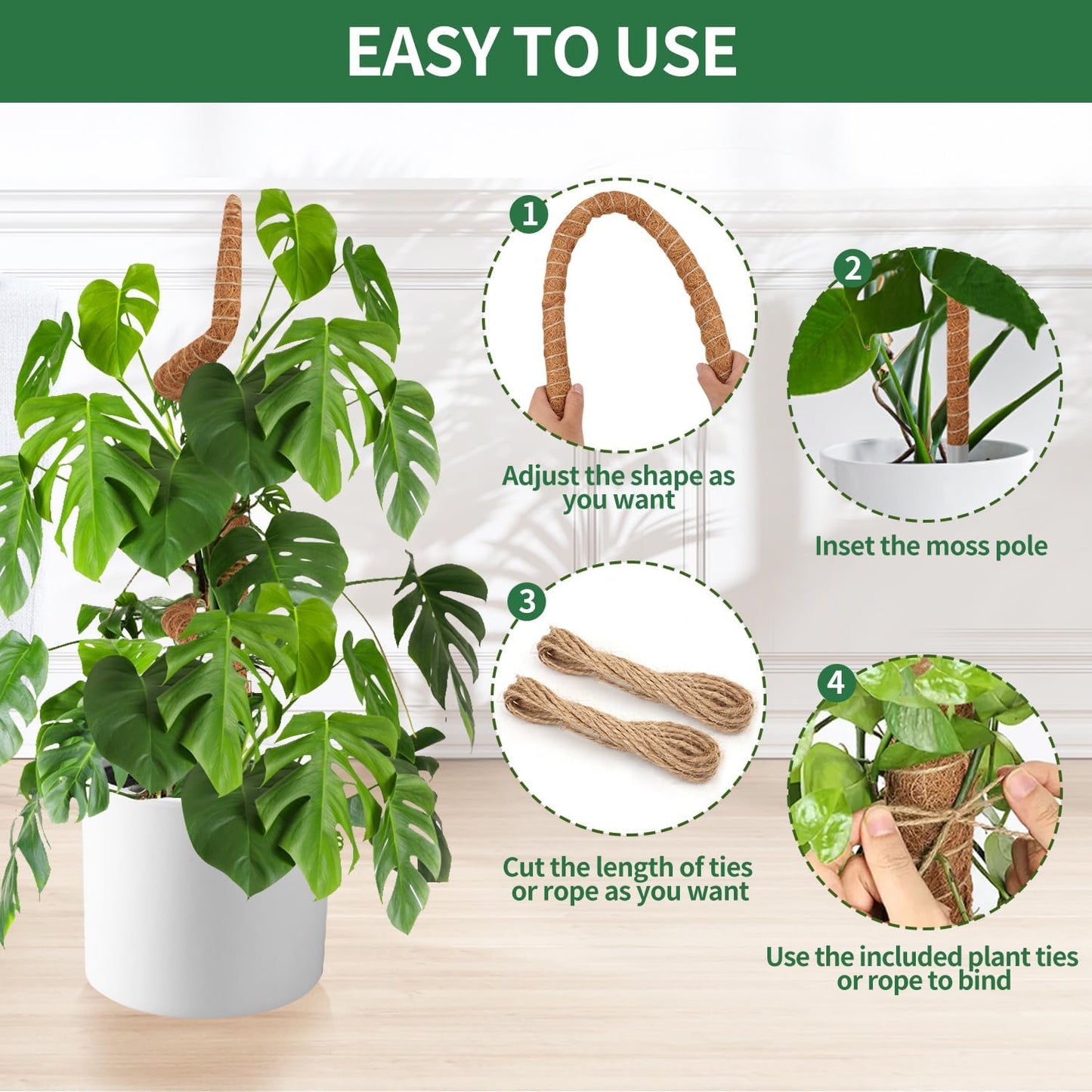 Handmade Coco Coir Moss Pole - 48 Inch Bendable Sticks Support for Climbing Plants, Monstera, Indoor Plants to Grow Upwards