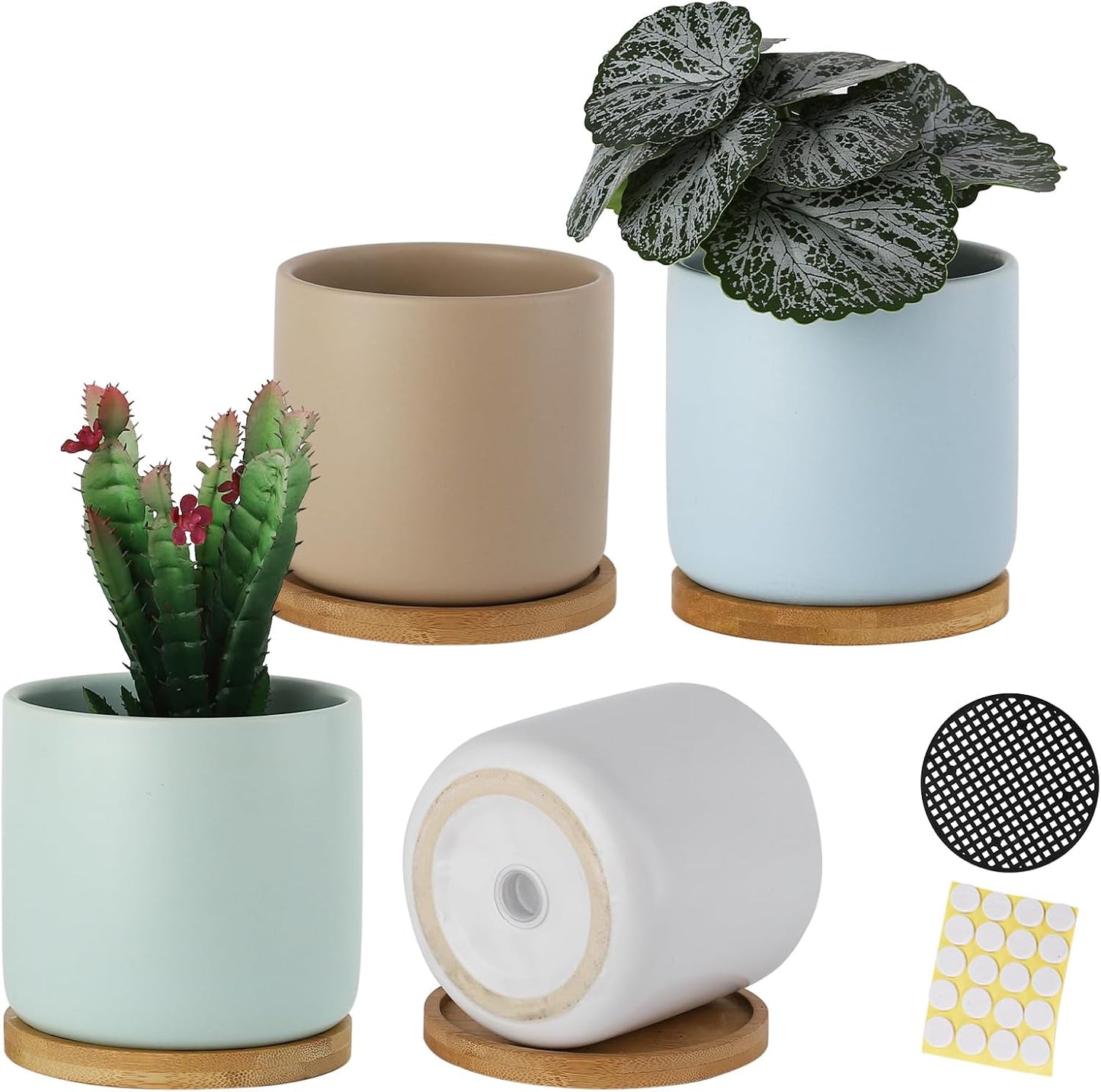 4 Inch Planters with Drainage Hole and Saucer, Small Ceramic Cylinder Plant Pot with Trays for Succulent, Aloe, Cactus & Herbs, Morandi Colors, Set of 4