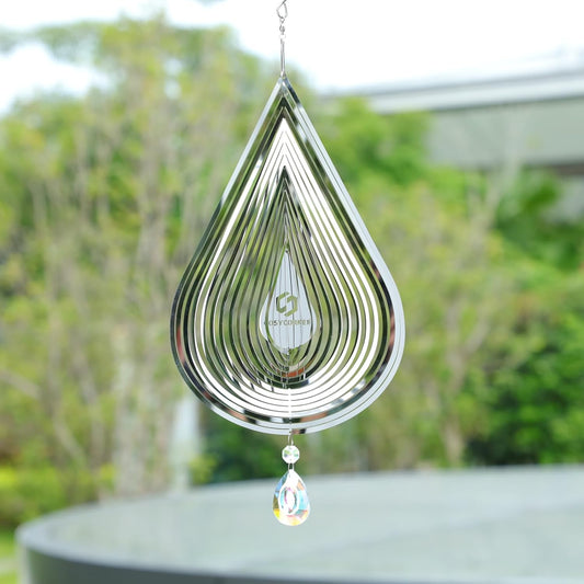 3D Wind Spinners Outdoor Flowing-Light Effect Metal Garden Decor, Highly Reflective Bird Deterrents for Outside, Mirrored Wind Sculptures to Scare Birds Away from Yard Patio Farm (Water-Drop-Silver)
