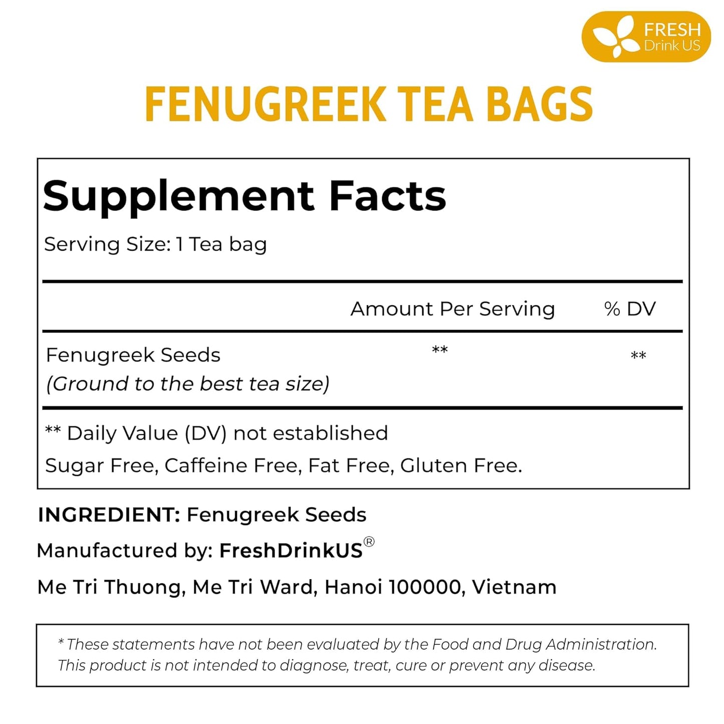 FreshDrinkUS, Premium 120 Fenugreek Tea Bags, 100% Natural & Pure from Fenugreek. Fenugreek Herbal Tea. Made with Natural Material Tea Bags. No Sugar, No Caffeine, No Gluten, Vegan.