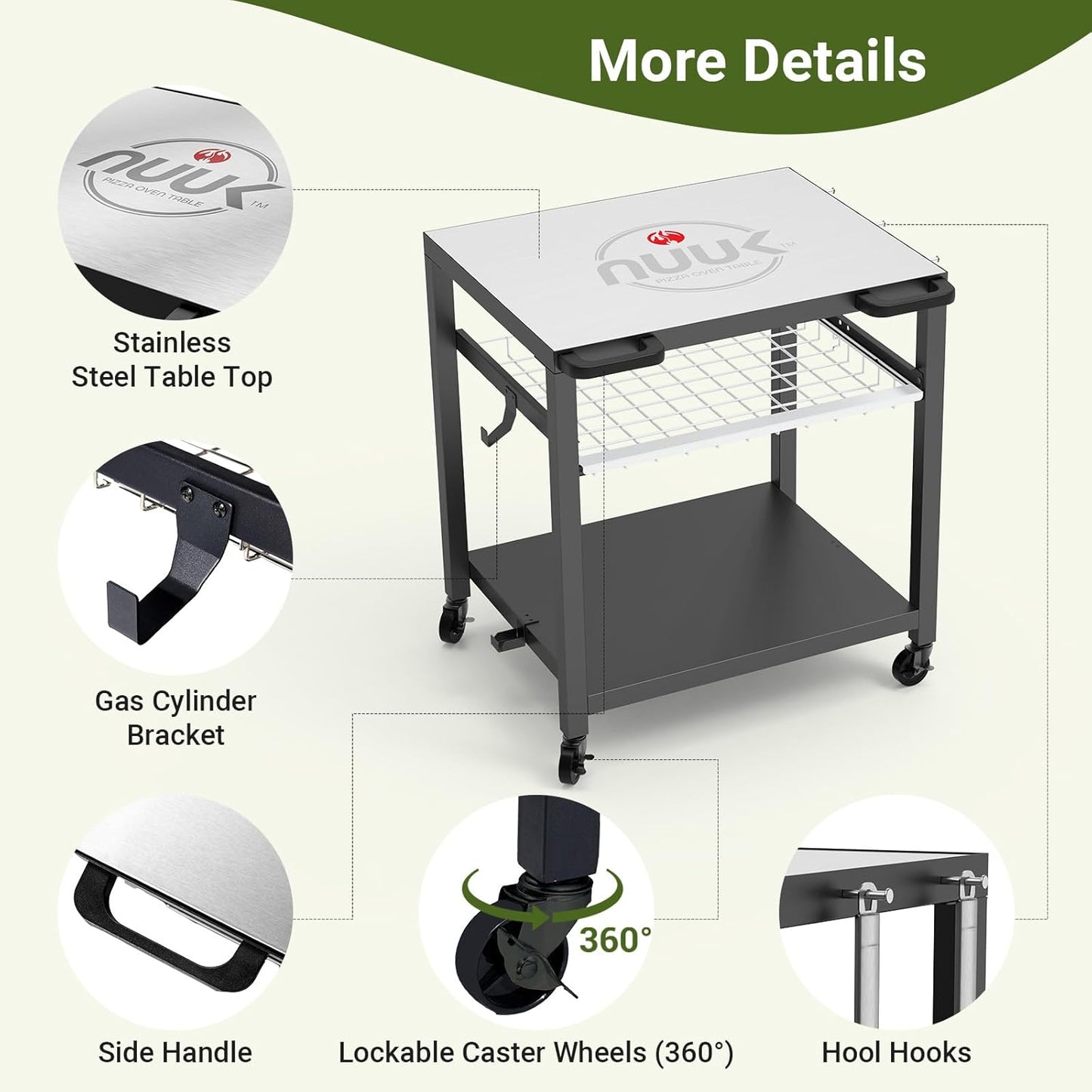 NUUK Outdoor Grill Cart 30"x 24" Pizza Oven Table 3-Shelf with Stainless Steel Top and Sliding Drawer BBQ Grilling Carts Outside Serving Prep Tables Stand