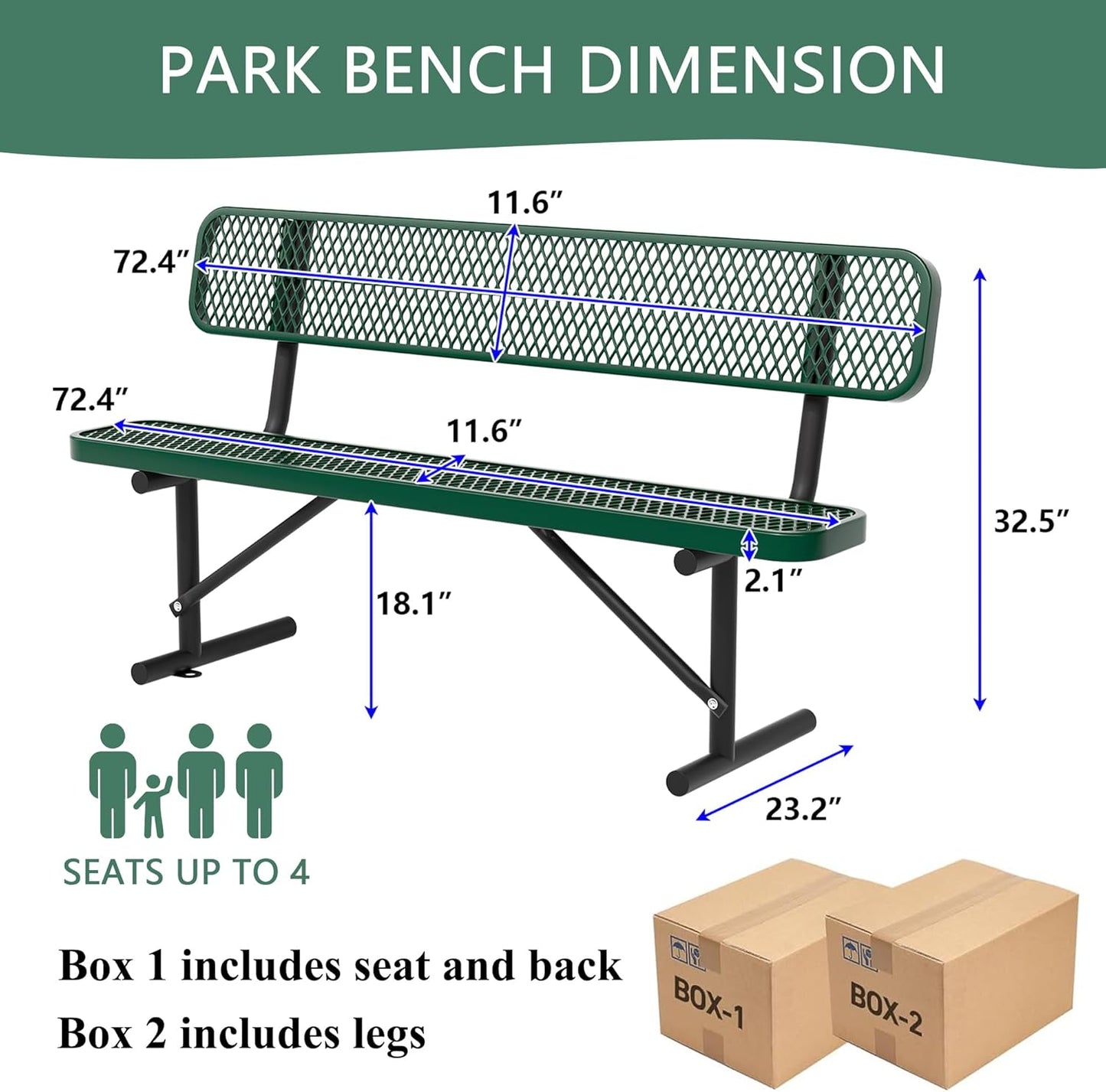 6 Feet Heavy Duty Metal Park Bench for Outside, Outdoor Bench with Backrest & Portable Frame, Commercial Benches for Shopping Malls, Stores, Parks, Patios, Decks, Green