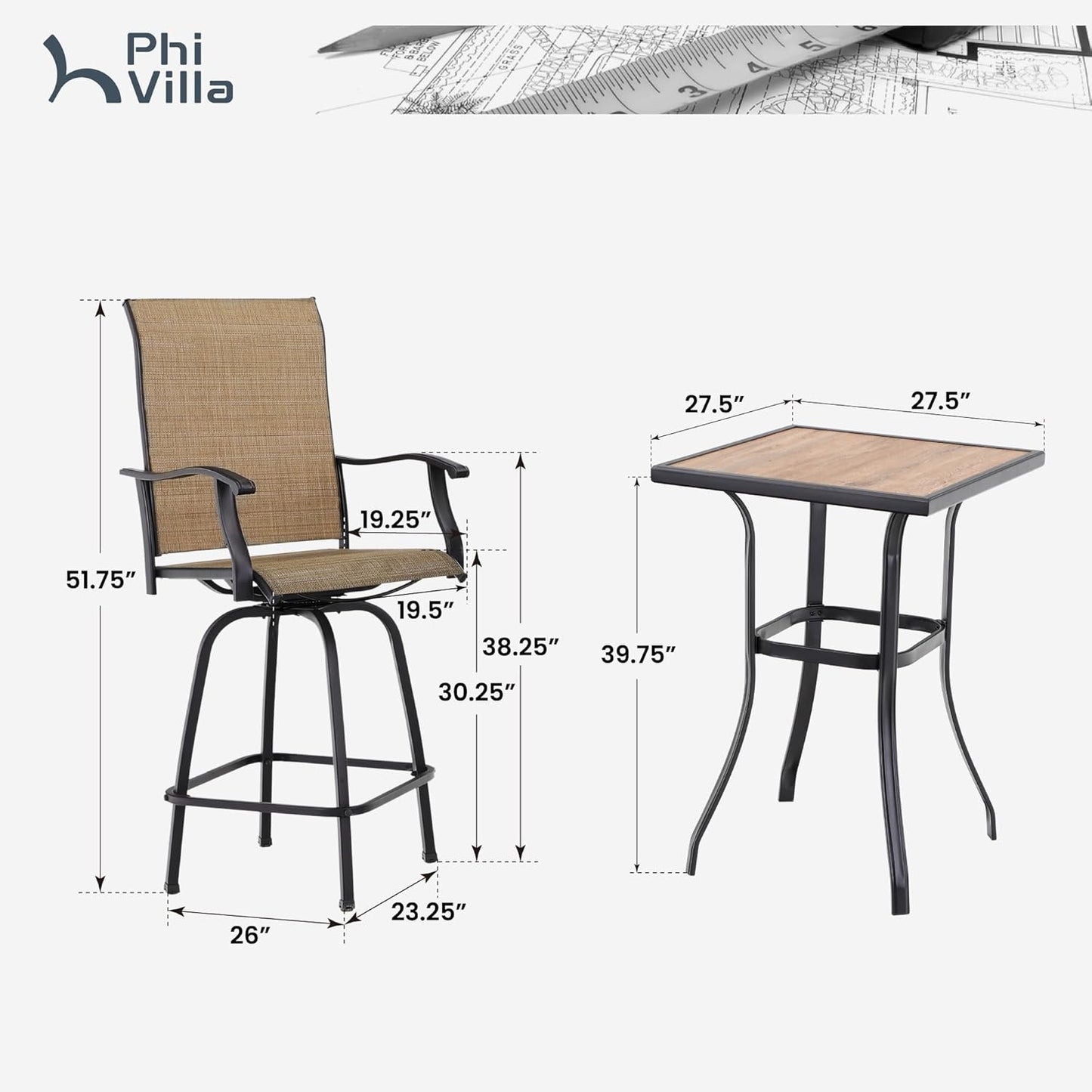 PHI VILLA 3 PCS Patio Swivel Bar Sets Textilene High Bistro Sets with 2 Outdoor Bar Stools and 1 Square Bar Table, Brown