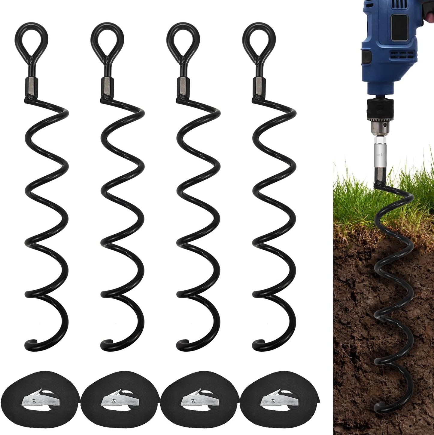 16.3 Inch Spiral Ground Anchor Stake High Durable Earth Anchor Kit for Tents, Trampolines, Garden Fencing, Sheds, Swings, and Dog Tie Out Stake (Black 4 Pack)