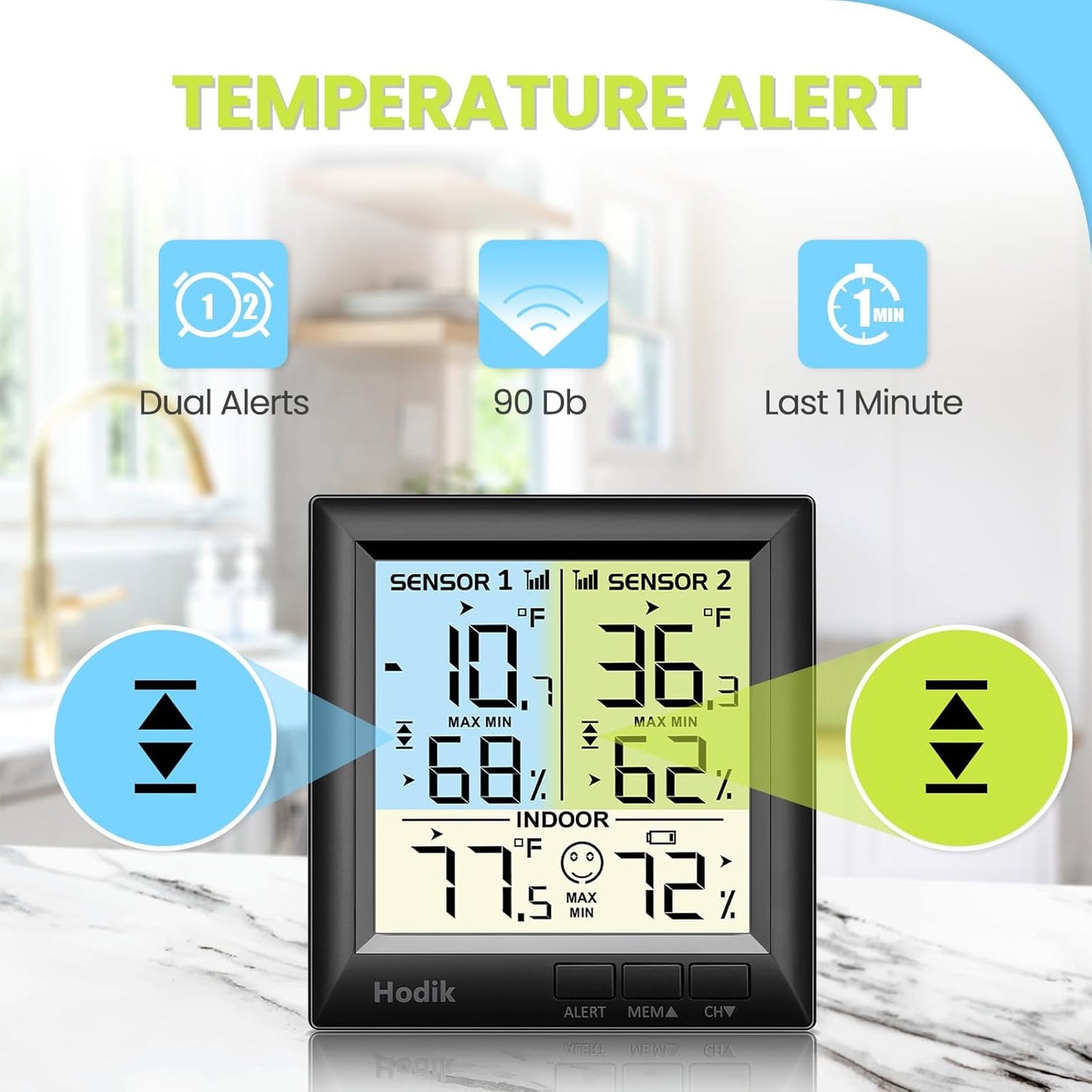 Wireless Freezer Thermometer with Alarm Refrigerator Thermometer, Fridge Freezer Alarm Thermometer Digital with 3 Adjustable Backlight and 330FT Remote Range for Kitchen Home Restaurant (Black)