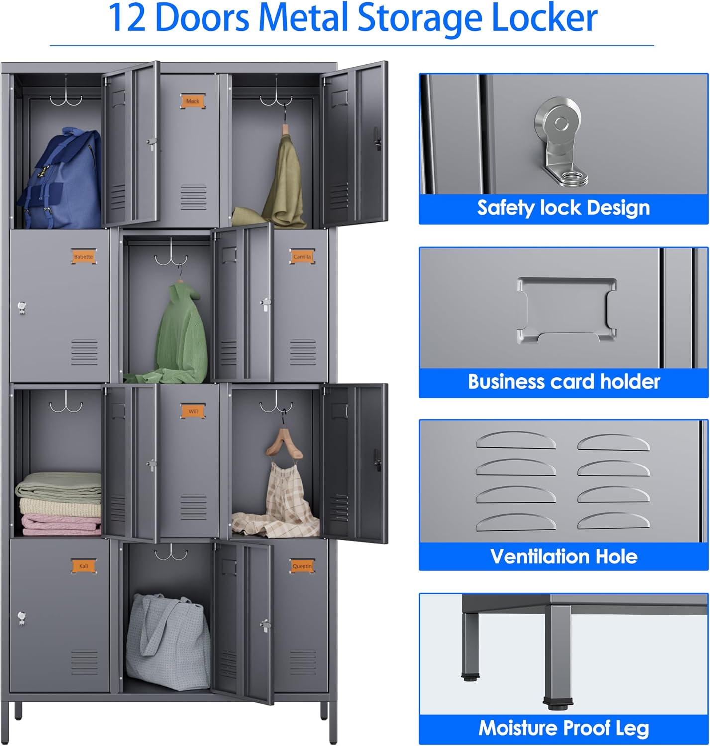 12 Doors Metal Locker for Employees with Business Card Holder,Metal Locker with 12 Hooks and Ventilation Holes for School Garage Office Gym Home,Assembly Required,Dark Grey