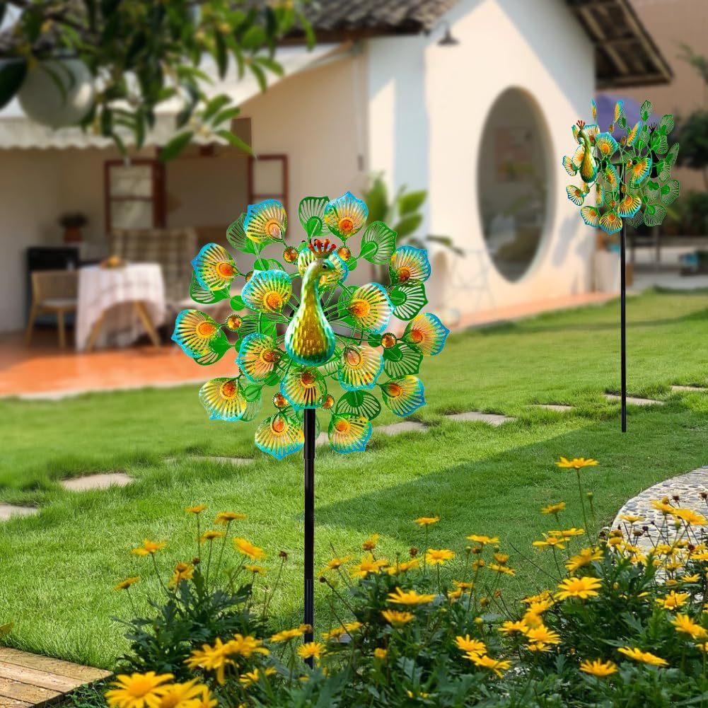 Peacock Wind Spinners Outdoor,13” Metal Wind Spinner Garden Pinwheels,360°Peacock Wind Sculptures & Spinners,Kinetic Wind Spinners for Yard and Garden(13.8”W X 64.2”H)