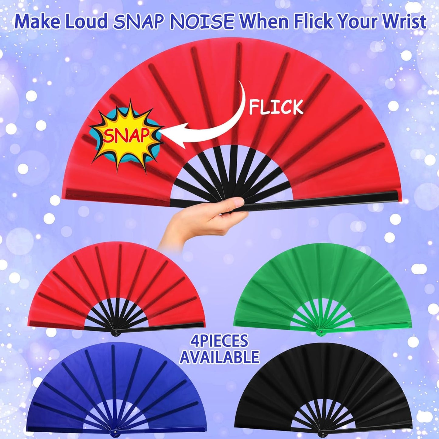 Blulu 4 Pcs 13 Inch Large Folding Hand Fans for Line Dancing Big Clapping Popping Raves Fans Bulk for Dancing Boots on The Ground Festival Party Decoration(Classic Style, Red, Black, Blue, Green)