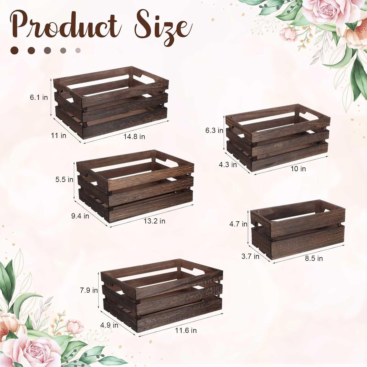 Soaoo 5 Pcs Decorative Nesting Wooden Crates for Storage Display 5 Size Large Small Rustic Wood Decorative Storage Crates with Handle Farmhouse Crate Box Container Made from Pine(Vintage Black)