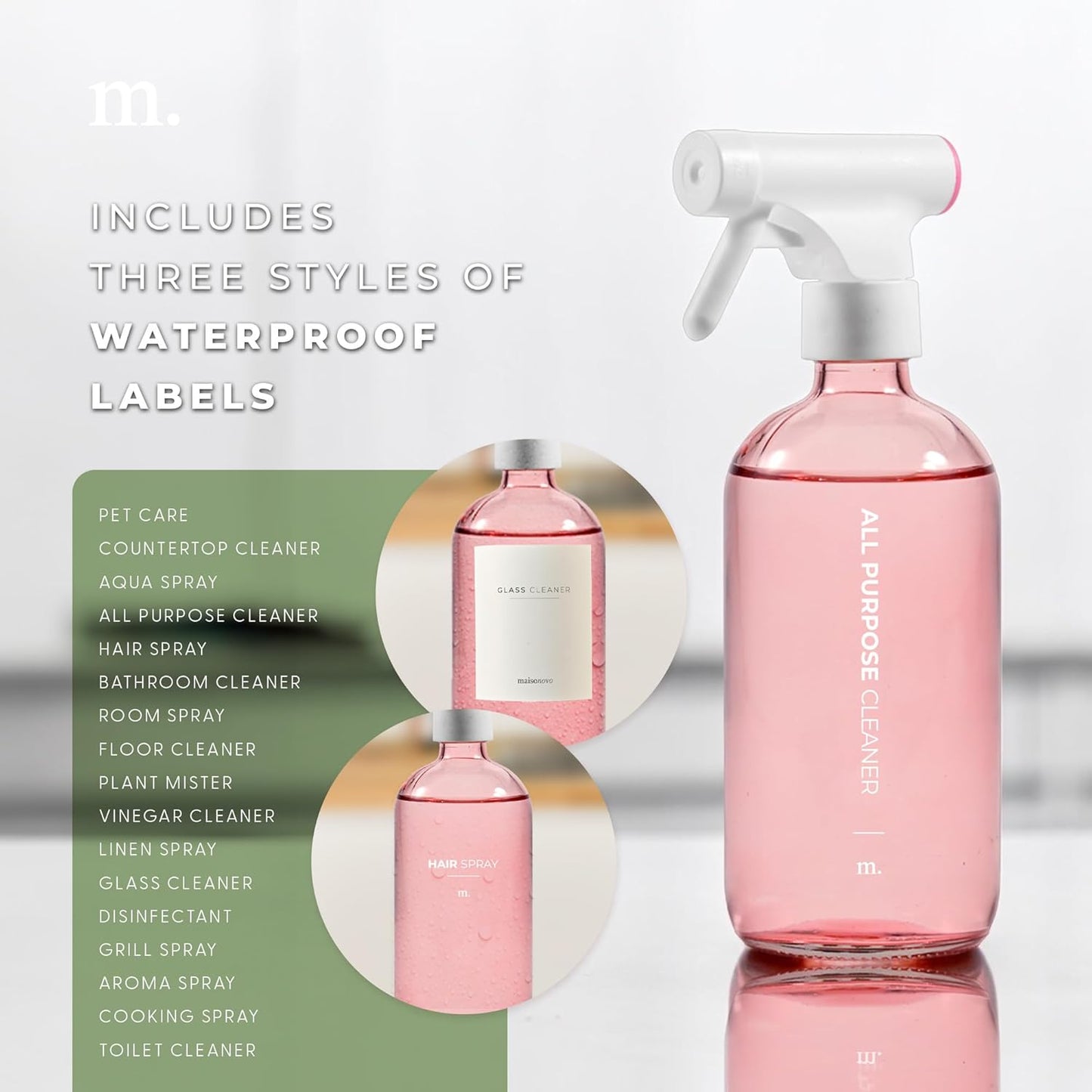 MaisoNovo Spray Bottle for Hair - 16.9 fl oz Pink x 2 with 16 Labels