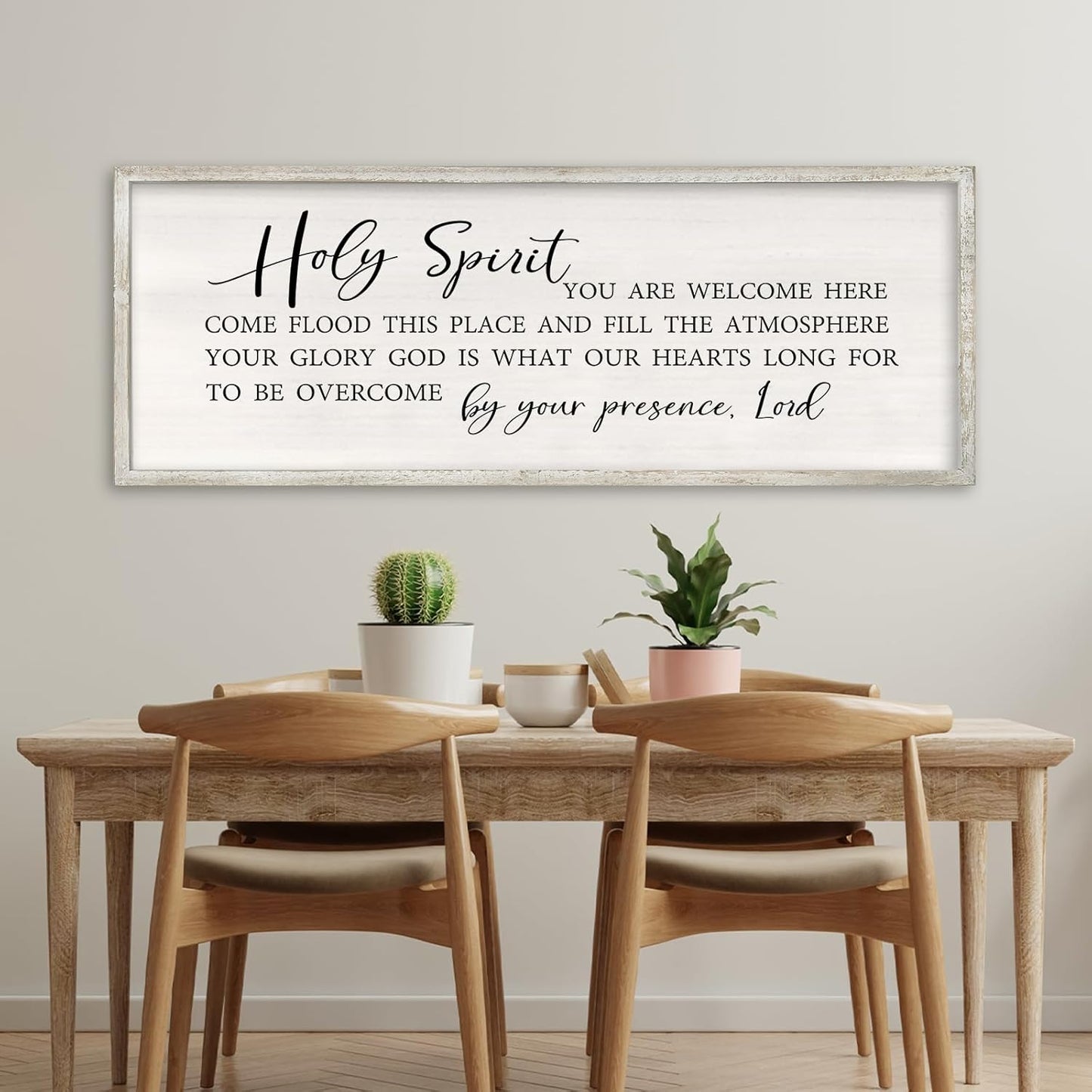 RLWangChao Christian Inspirational Wall Decor Holy Spirit You are Welcome Here Sign 40×15 Inch Bible Verse Plaque Religious Scripture Quote for Living Room Large Wood Framed Wall Hanging (White)