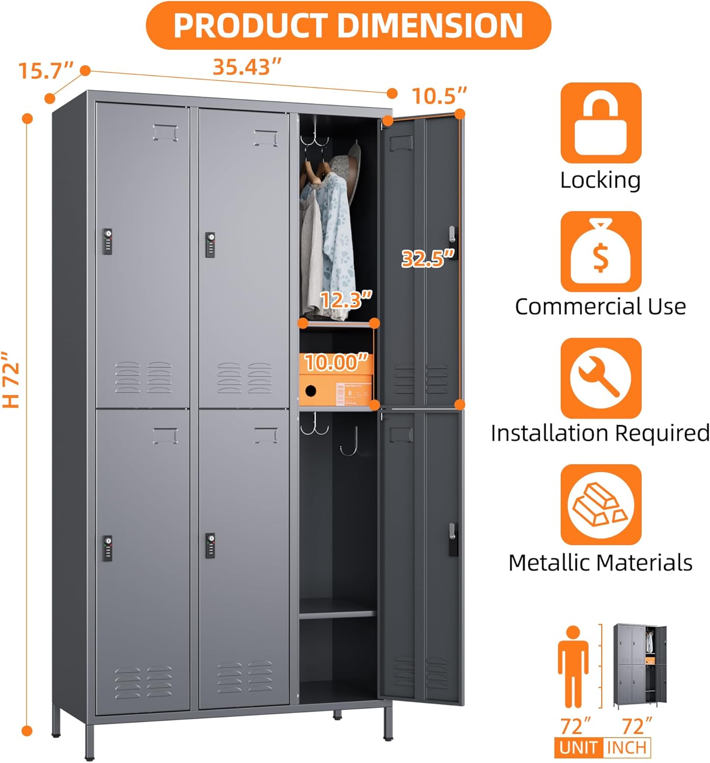 6 Doors Metal Lockers for Employees with Combination Locks and 6 Shelves, Storage Locker with 18 Hooks and Business Card Holder for Office Gym School Bedroom, Assembly Required, Dark Gray