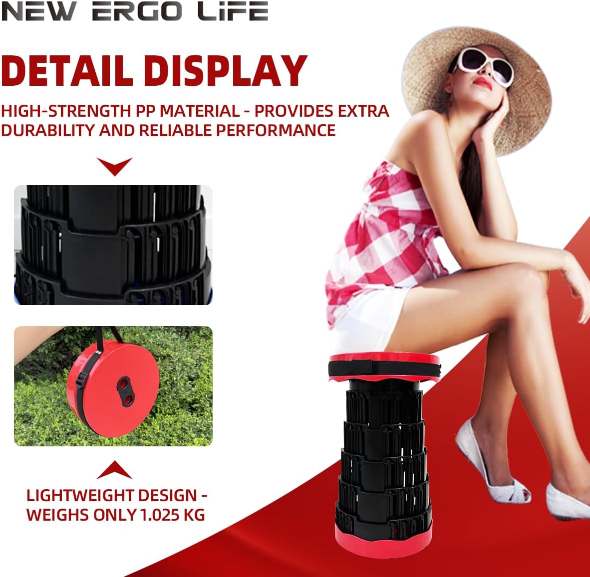 Portable Collapsible Stool - 4 Pillars Large Weight Capacity Travel-Friendly Folding Stool, Easy to Use Lightweight Telescoping Seat for Outdoor Activities, Camping & Hiking (Red)