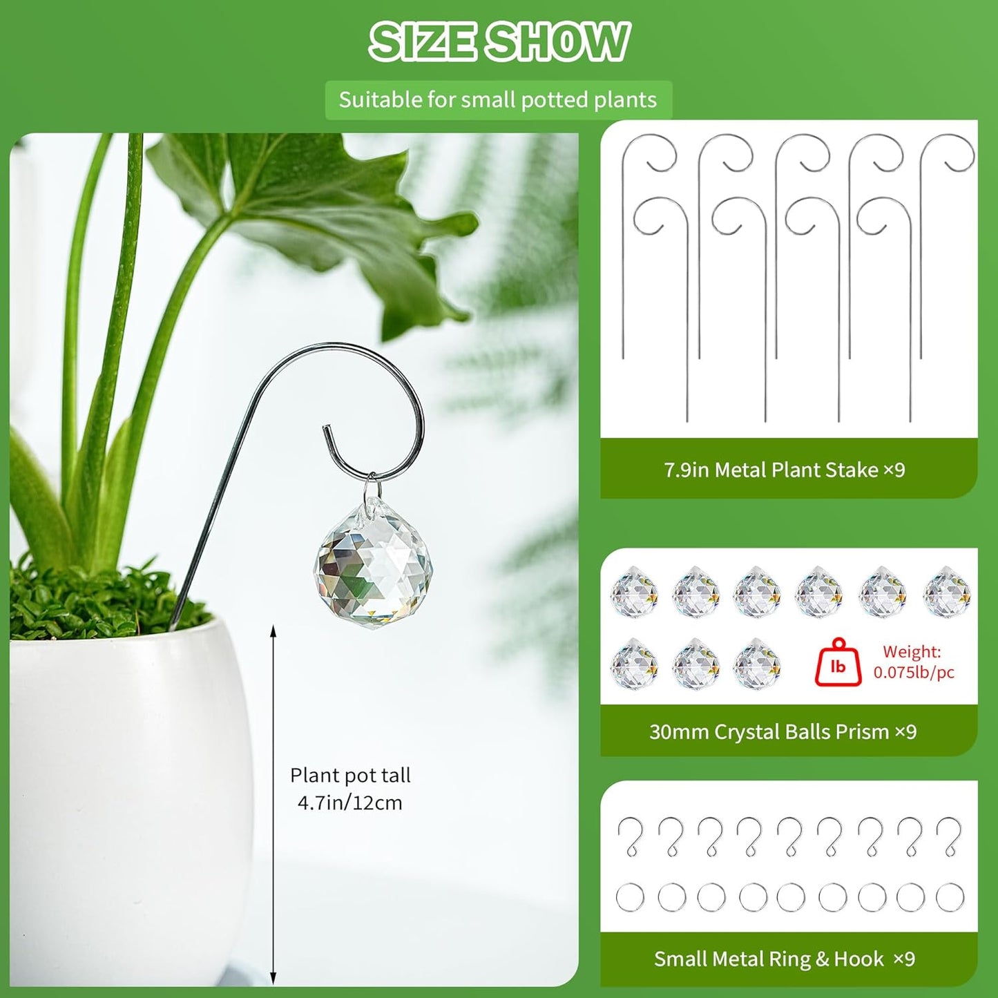 HDCRYSTALGIFTS 9 Pieces 30mm Crystal Ball Prisms Suncatchers with 7.5’’ Small Trellis for Mini Potted Plants Accessories Indoor Fairy Garden Sun Catchers Gift for Plant Lovers (Sliver Stakes)