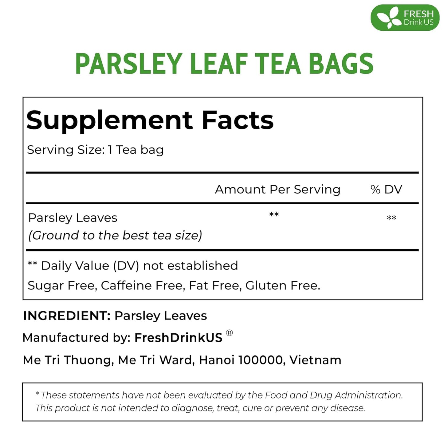 FreshDrinkUS, Premium 15 Parsley Leaf Tea Bags, 100% Natural & Pure from Parsley Leaves. Loose Leaf Parsley Herbal Tea. Made with Natural Material Tea Bags. No Sugar, No Caffeine, No Gluten, Vegan.