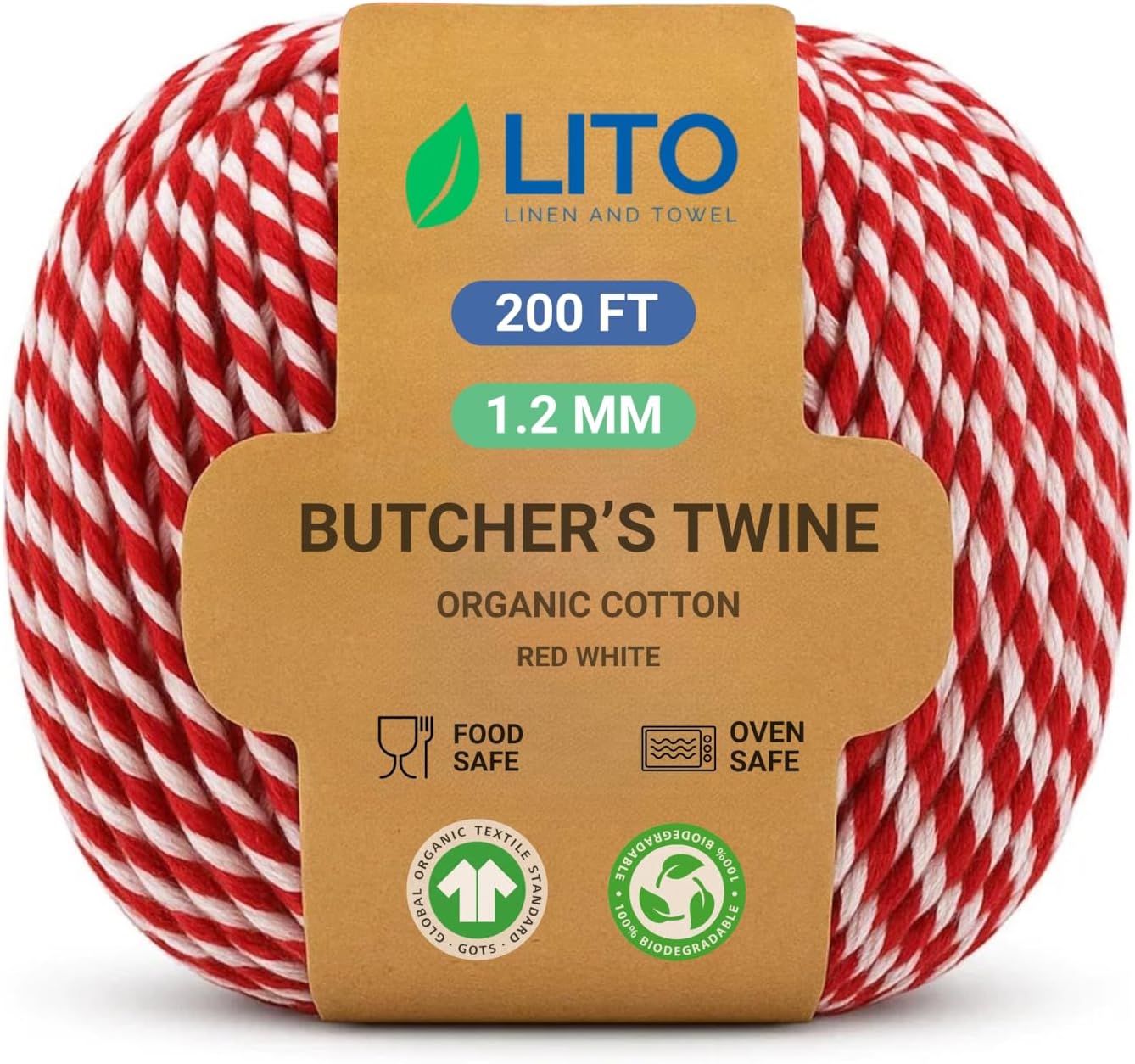 Red and White Organic Twine Cotton String - 200 Feet Wrapping, Baking, Butcher, Crafts, DIY Projects, Easter, Christmas