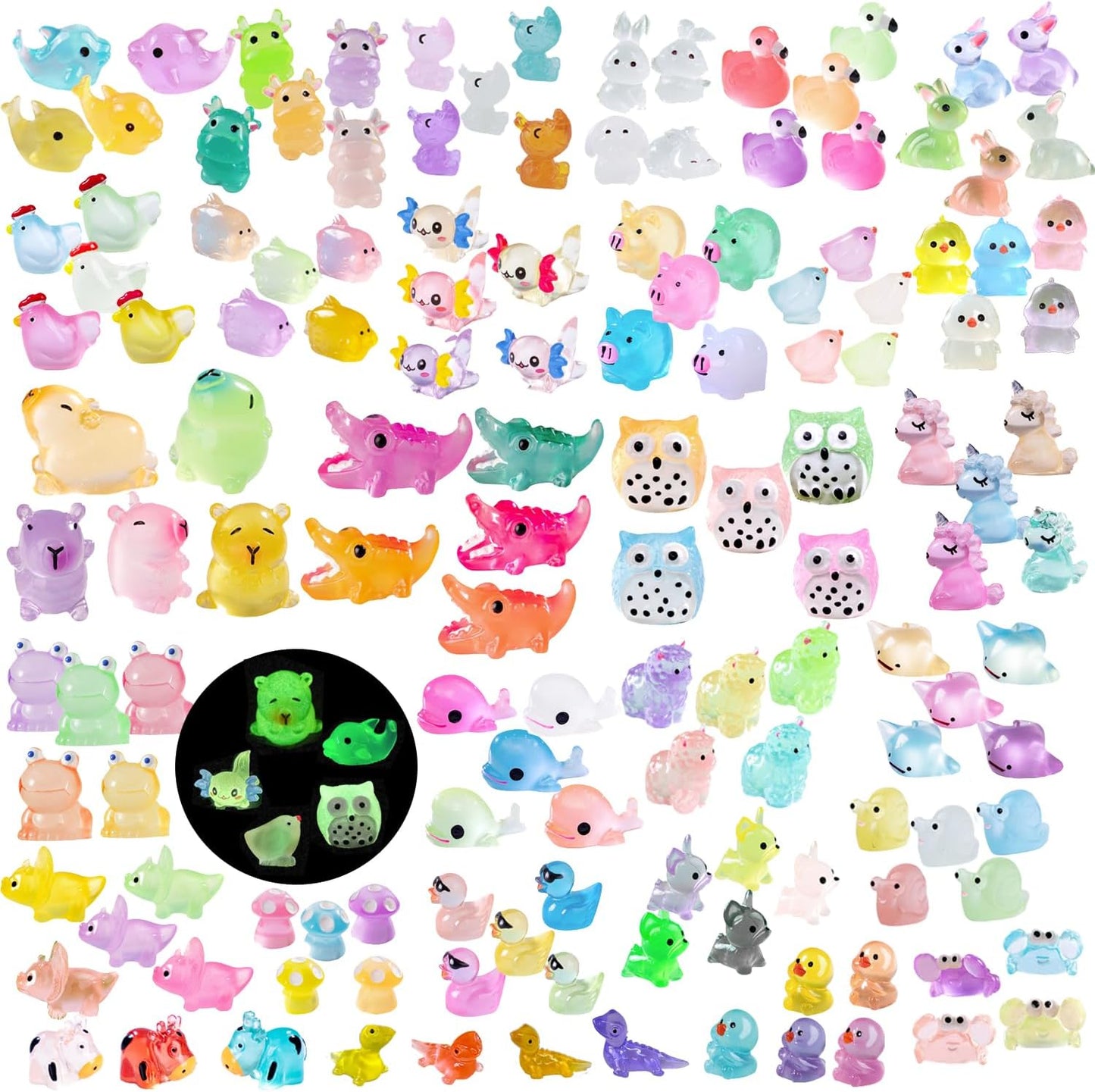 150 Pcs Luminous Mini Resin Animals Miniature Animals Figurines Tiny Little Animals Glow in Dark Small Animal Figures to Hide Mini Animals Micro Landscape Ornaments Fairy Garden Accessories