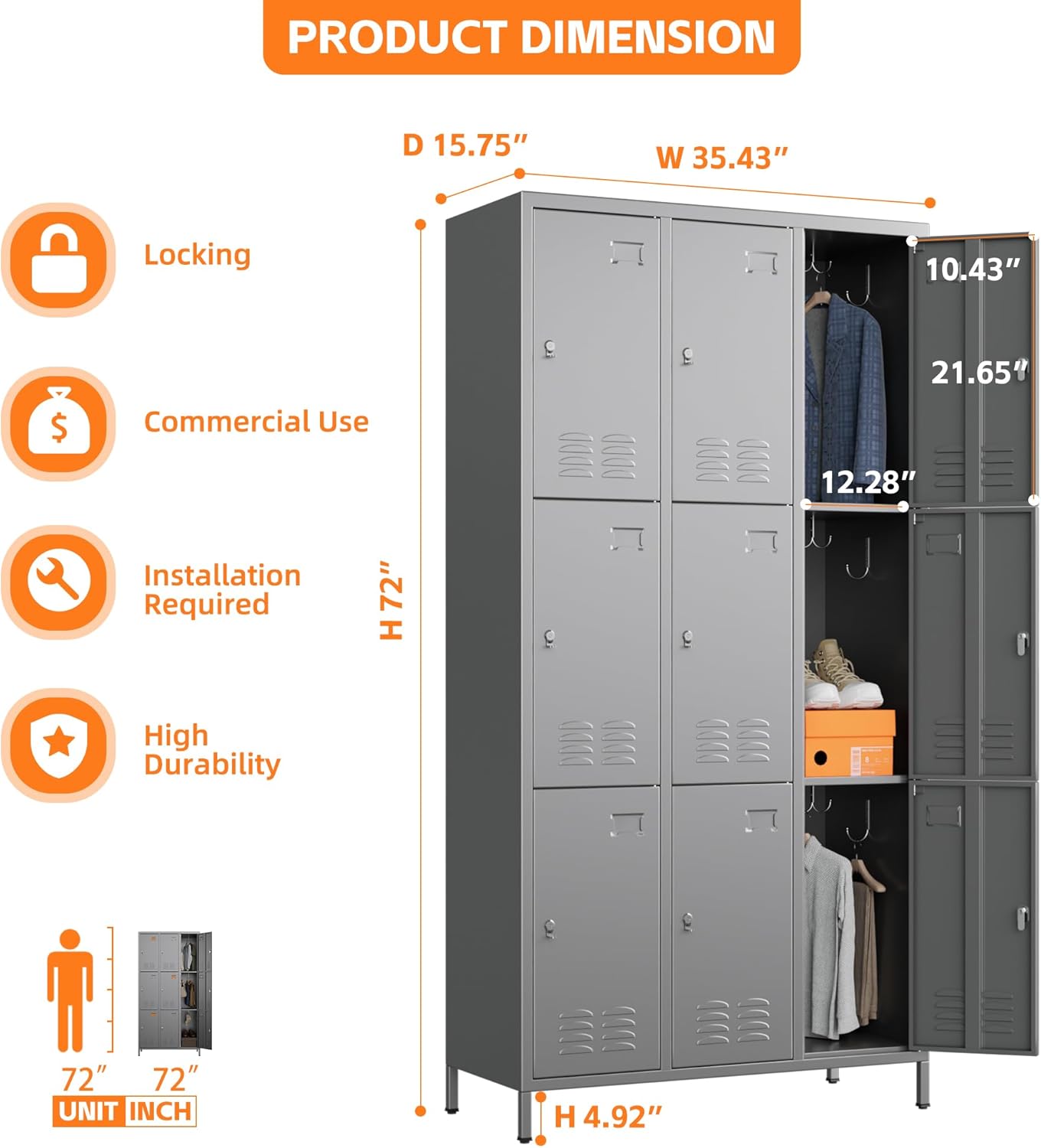 Aobabo Metal Storage Locker for Employees, 9 Doors Lockable Steel Locker with 27 Hooks and 9 Name Card Slot for School Office Gym, Light Grey, Assembly Required