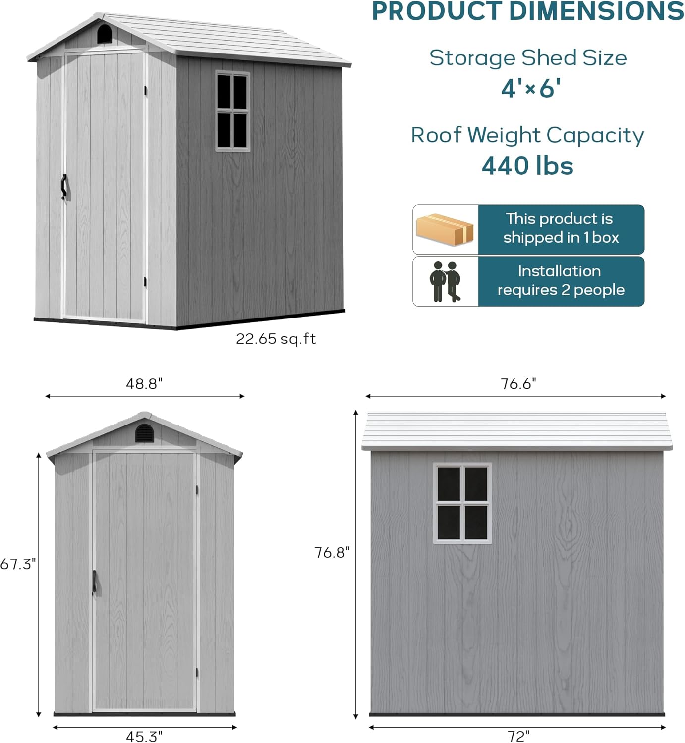 Greesum 4×6FT Plastic Outdoor Storage Shed with Floor, Resin Storaged Sheds with Lockable Door, Window & Vent, All-Weather Tool Sheds for Garden, Backyard, Patio, Light Gray (One-Piece Panel)
