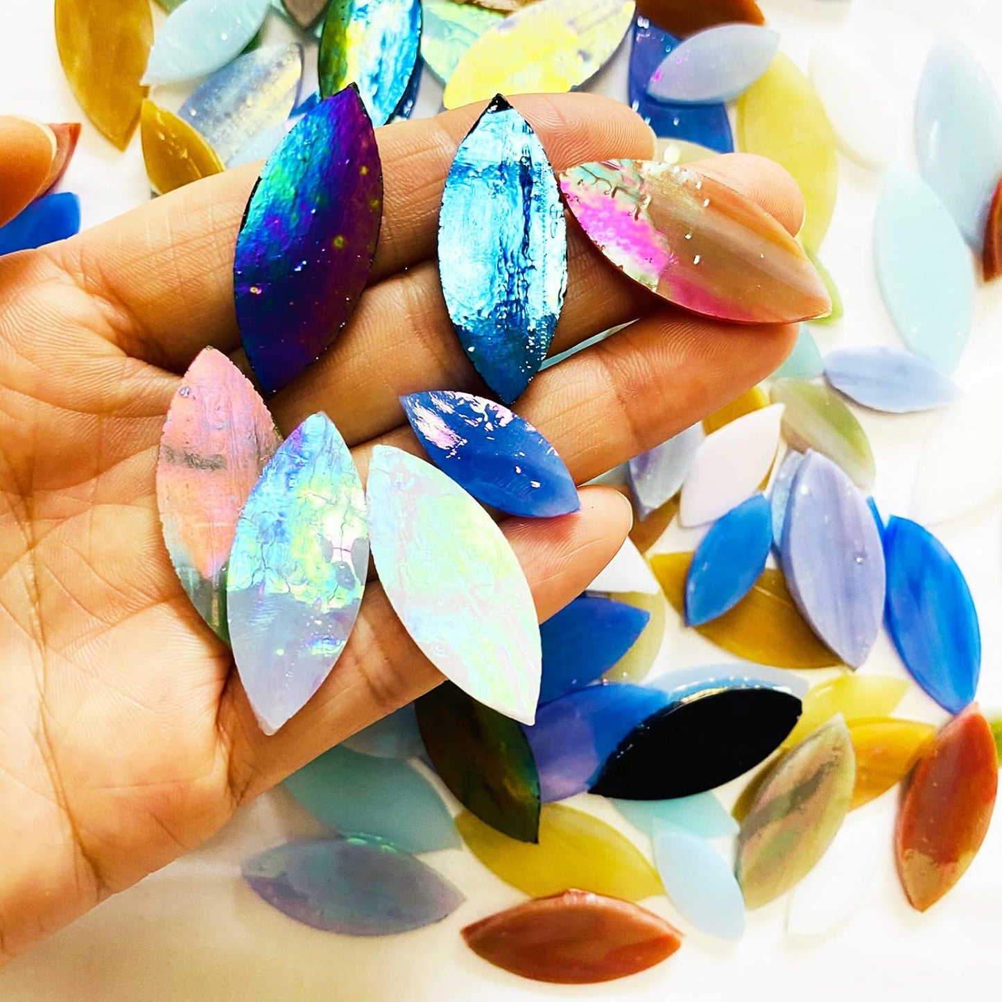 120 Pcs Iridescent Glass Petal Mosaic Tiles for Crafts, Stained Glass Supplies, Flower Leaves Mosaic Pieces Kit, Assorted Size and Rainbow Colors