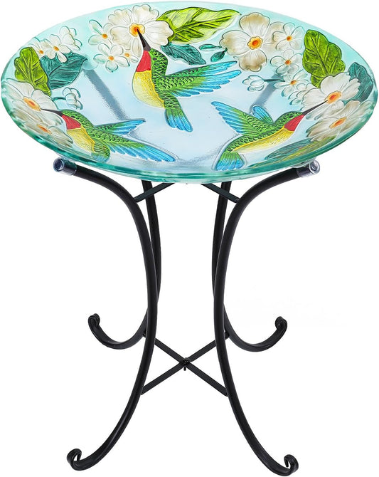 VCUTEKA 18" Outdoor Glass Birdbath with Sturdy Metal Stand for Lawn, Yard, or Garden Decor Bird Lovers Gift, Hummingbird Bird Bath Detachable, 22" Height