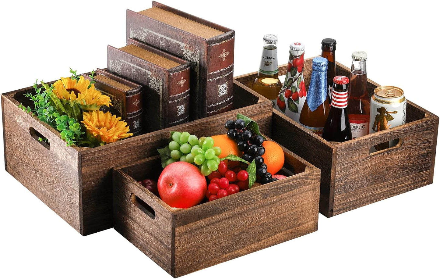 Frcctre Set of 3 Wood Nesting Storage Crates with Handles, Decorative Farmhouse Wooden Crates Storage Containers Rustic Handmade Natural Solid Wood Basket