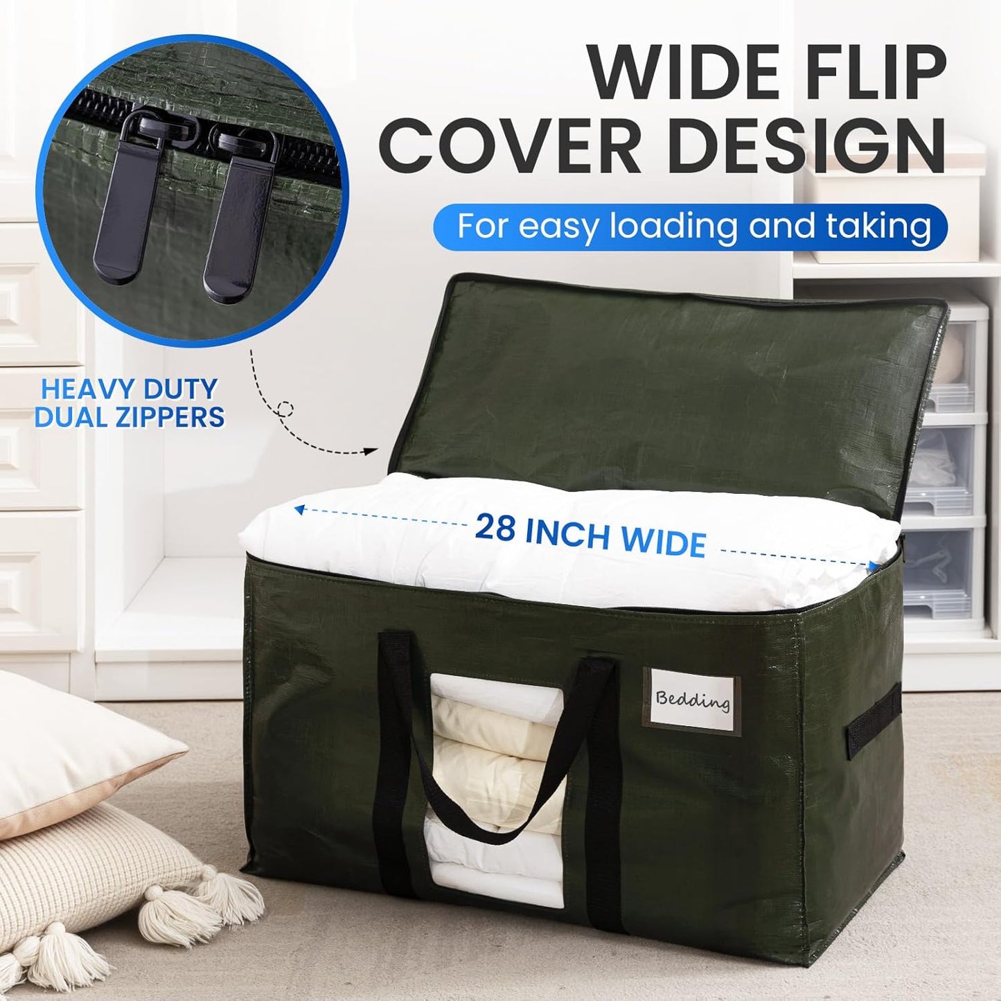 TAILI 2 Pack Green Extra Large Storage Bags, Heavy Duty Totes with Visible Window, Wrap Around Handles, Perfect for Moving