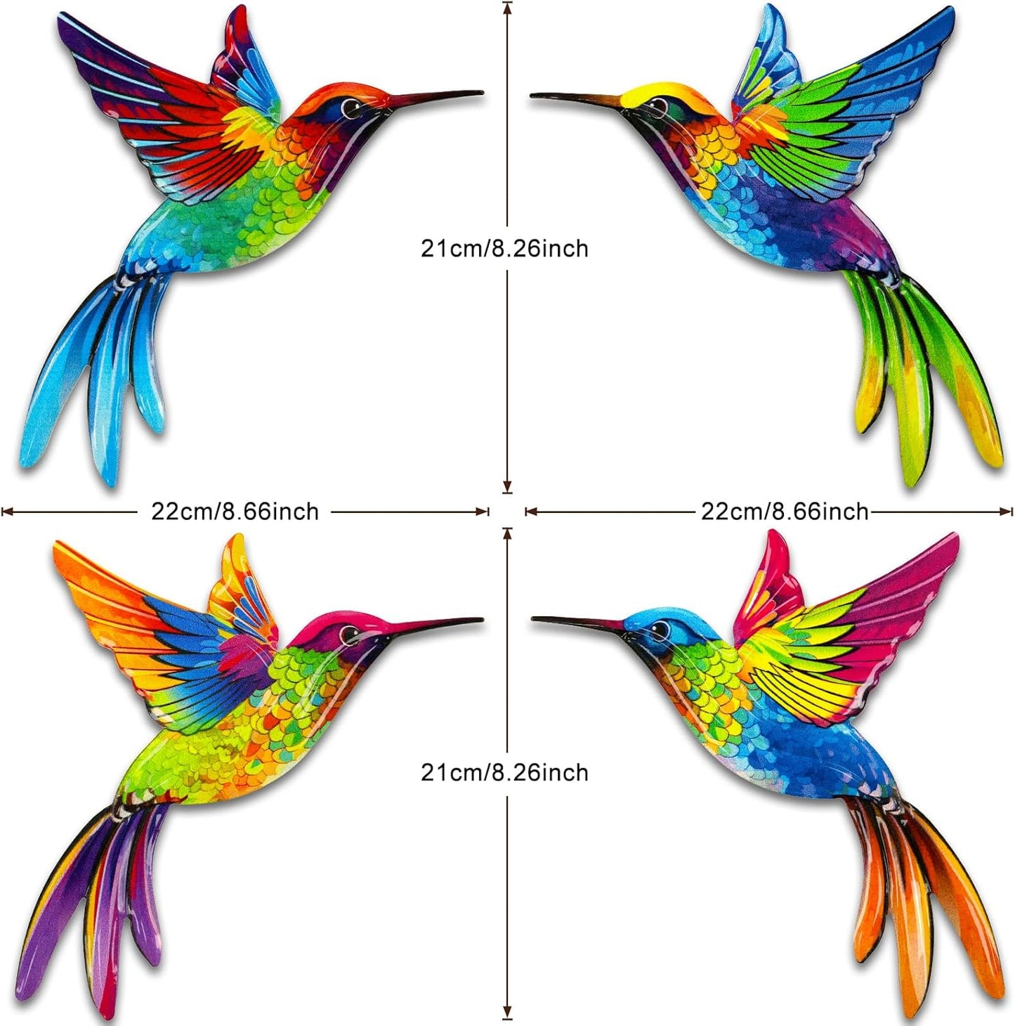 ULENDIS 4 Pack Metal Hummingbird Wall Art Decor, 3D Colorful Birds Outdoor Wall Art Patio Fence Decorations, Wall Hanging Decor for Garden Living Room Balcony(B)