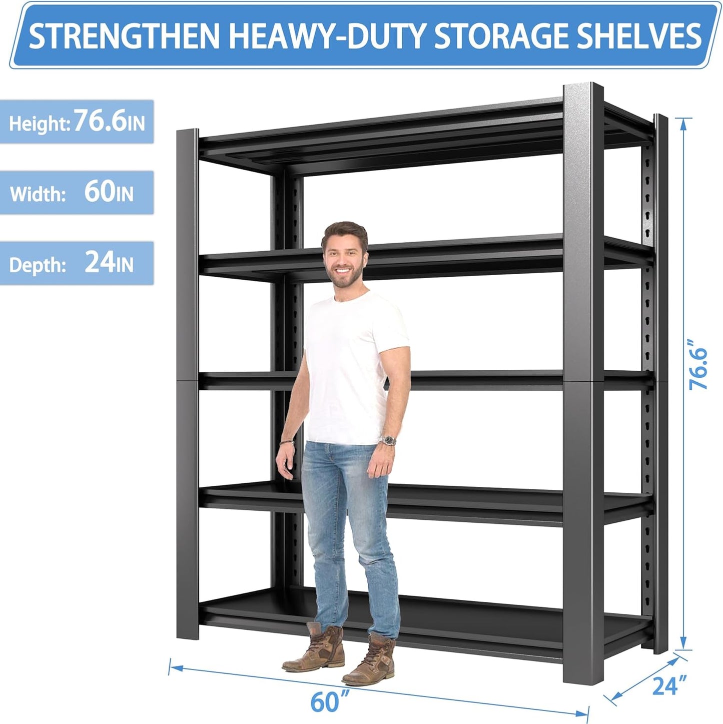 5-Tier Garage Shelving Heavy Duty, 3000 LBS Capacity Metal Storage Rack 76" H x 60" W x 24" D, Adjustable Shelves Unit for Garage, Warehouse, Basement, Pantry, Workshop.4 Pack