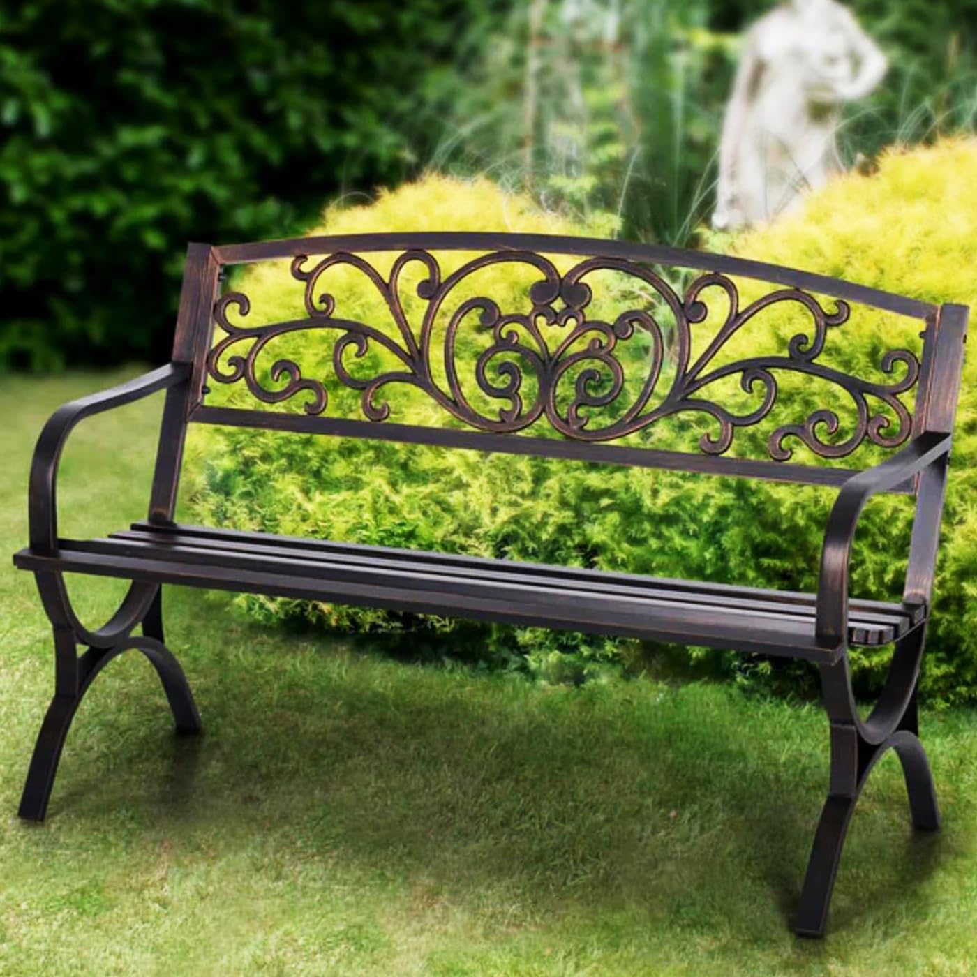 PHI VILLA 50Inch Cast Iron Steel Frame Garden Bench Patio Furniture Chair Outdoor Bench w/Floral Design Backrest, Slatted Seat for Park, Yard & Porch, Bronze