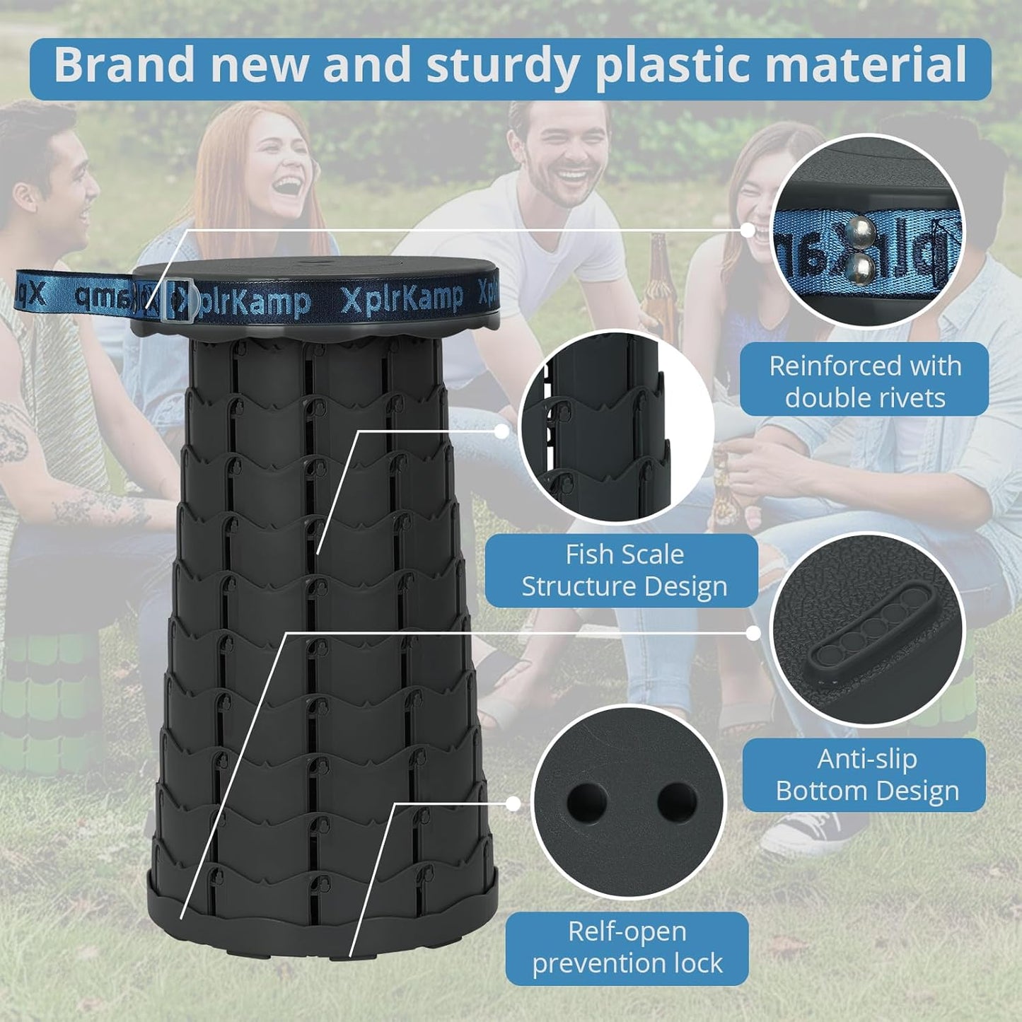 Upgraded Thickened Collapsible Stool, Portable Folding Stool Chair Lightweight But Sturdy Foldable Camping Stool, Retractable Telescopic Seat for Picnics Fishing Hiking BBQ (1, Black)