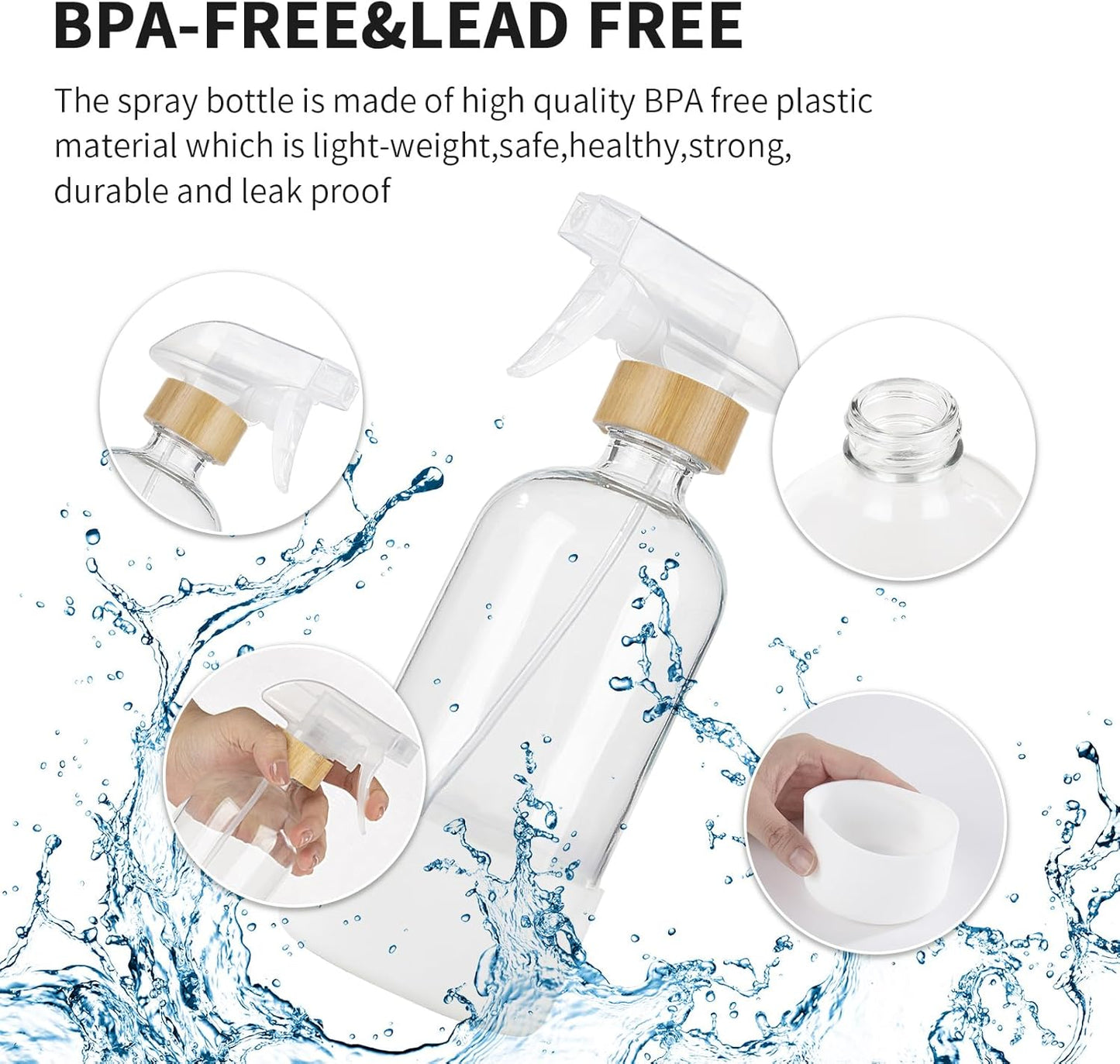 HOMBYS Empty Bamboo Glass Spray Bottles with Silicone Sleeve Protection - Refillable 17 oz Clear Glass Containers for Cleaning Solutions, Essential Oils, Misting Plants - Quality Sprayer - 1 PCS