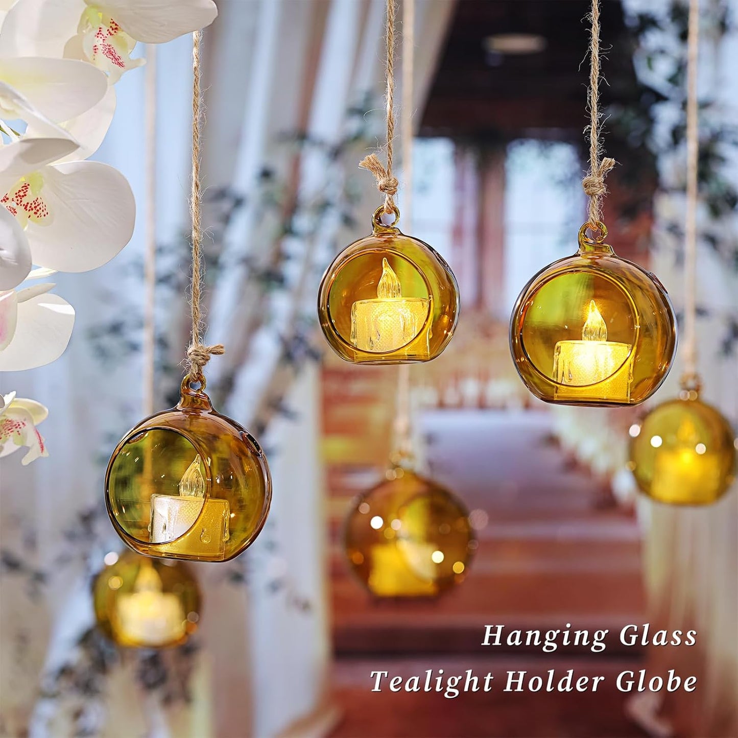 LETINE Assorted Amber Glass Orb Set (12pcs) with 2.17" & 1.93" Spheres - Versatile Tea Light Candle Holders & Air Plant Holders for Boho Wedding Decor