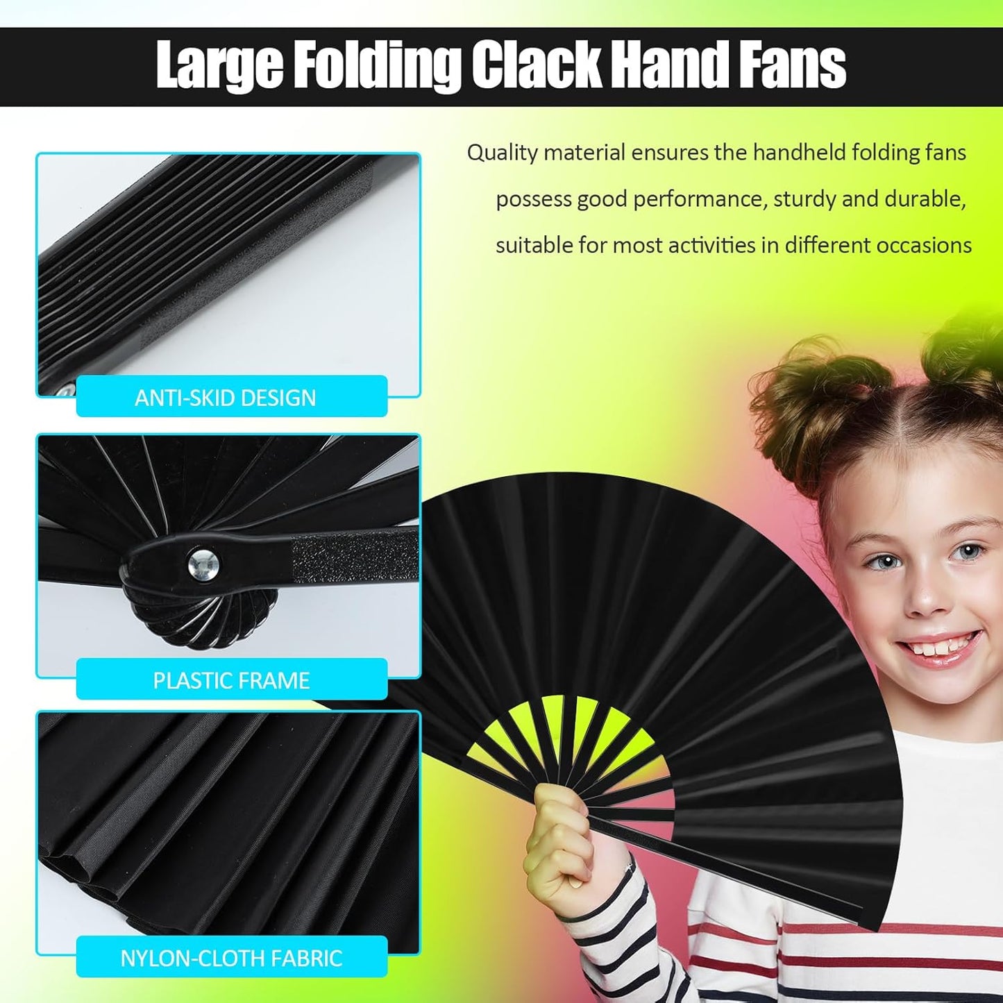 Blulu 4 Pcs 11 Inch Large Folding Hand Fans for Line Dancing Clapping Popping Rave Fans for Kids Women Men for Dancing Boots on The Ground Festival Party Decoration(Classic Style, Black)