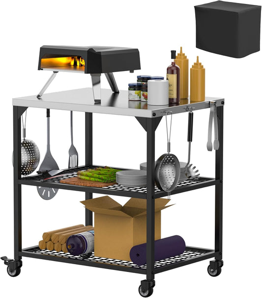 LS'BABQ Pizza Oven Table Cart for Ooni, Ninja Woodfire, Blackstone Grill Stand, Outdoor Grill Cart with Wheels, Stainless Steel Rolling Trolley Kitchen Cooking Food Prep and Work Cart Table with Cover