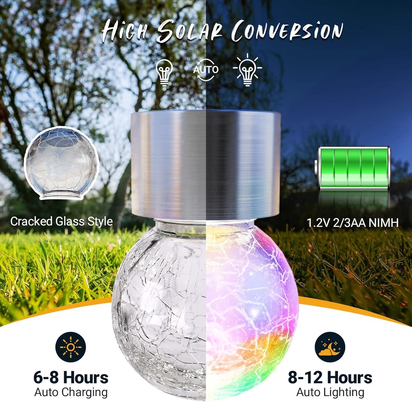 8 Pack Solar Lanterns, Christmas Decoration Lights with Multi-Color Changing Cracked Glass Hanging Ball Solar Outdoor Lights Waterproof Hanging Light for Garden, Yard, Patio, Lawn