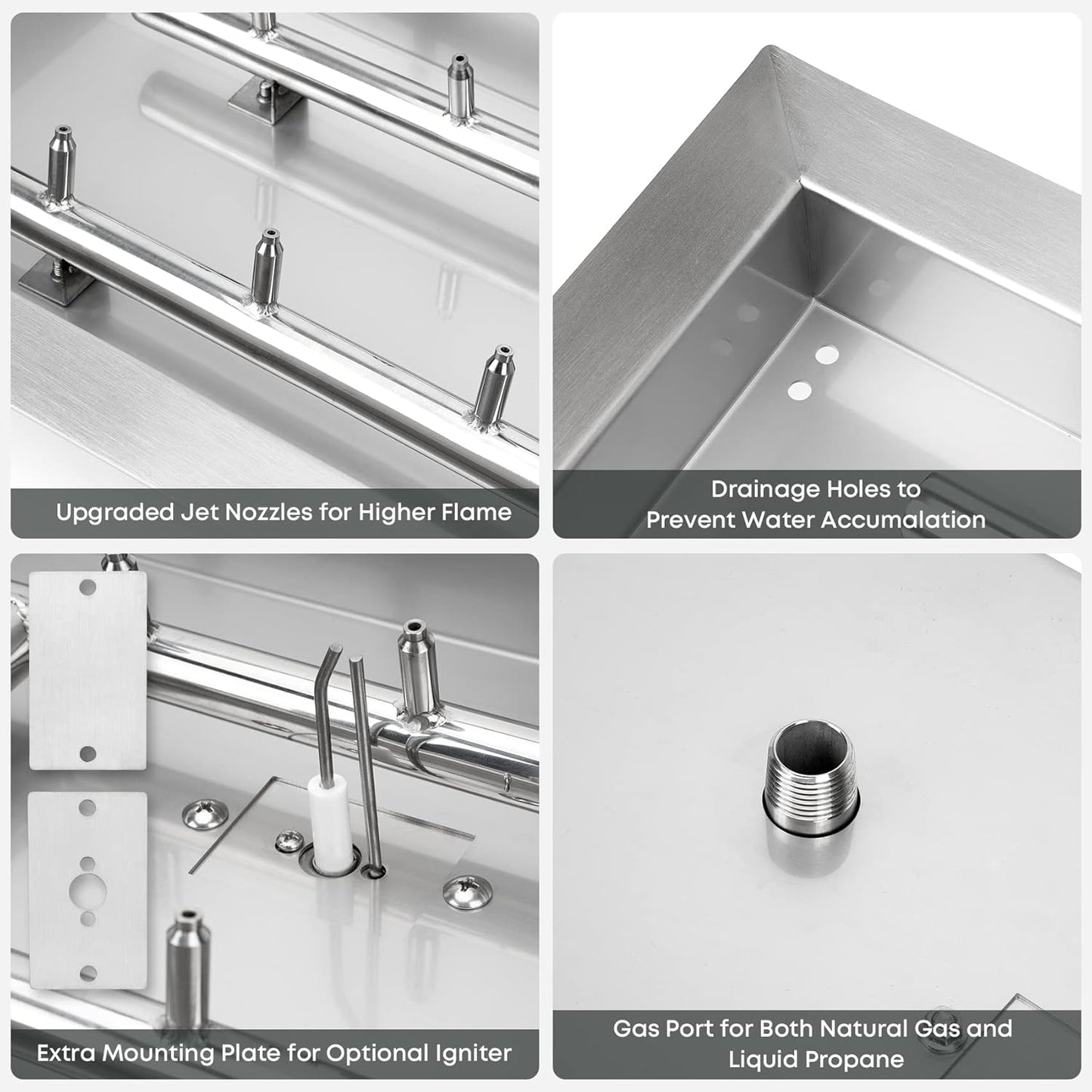 Stanbroil 24" x 8" Upgrade Rectangle Fire Pit Jet Burner Pan, 304 Stainless Steel Natural & Propane Gas Firepit for Outside, High Flame, 90k BTU Max