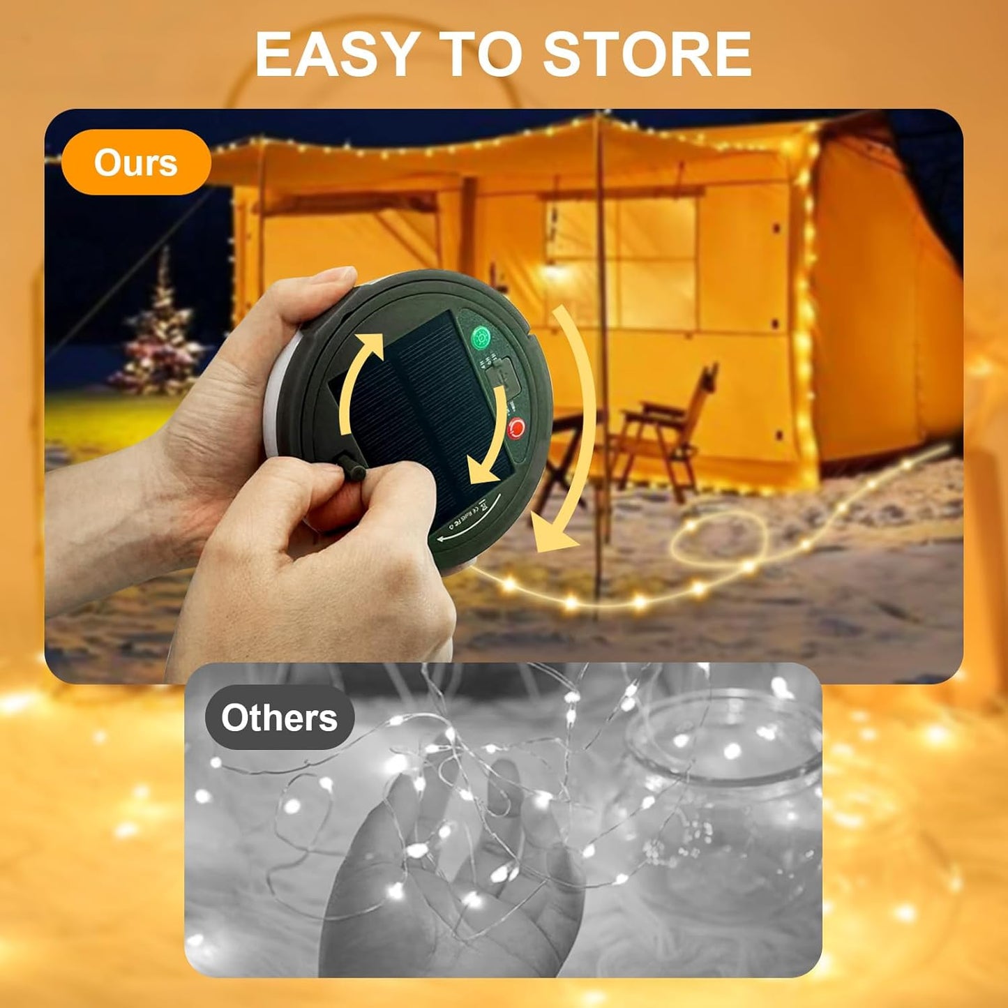 Solar Camping String Lights, 4 in 1 Quick Storage 33FT Rechargeable Tent Lights with 13 Lighting Modes, Hanging Waterproof Portable Retractable LED Lamp for Outdoor, Patio, RV, Awning, Garden, Party