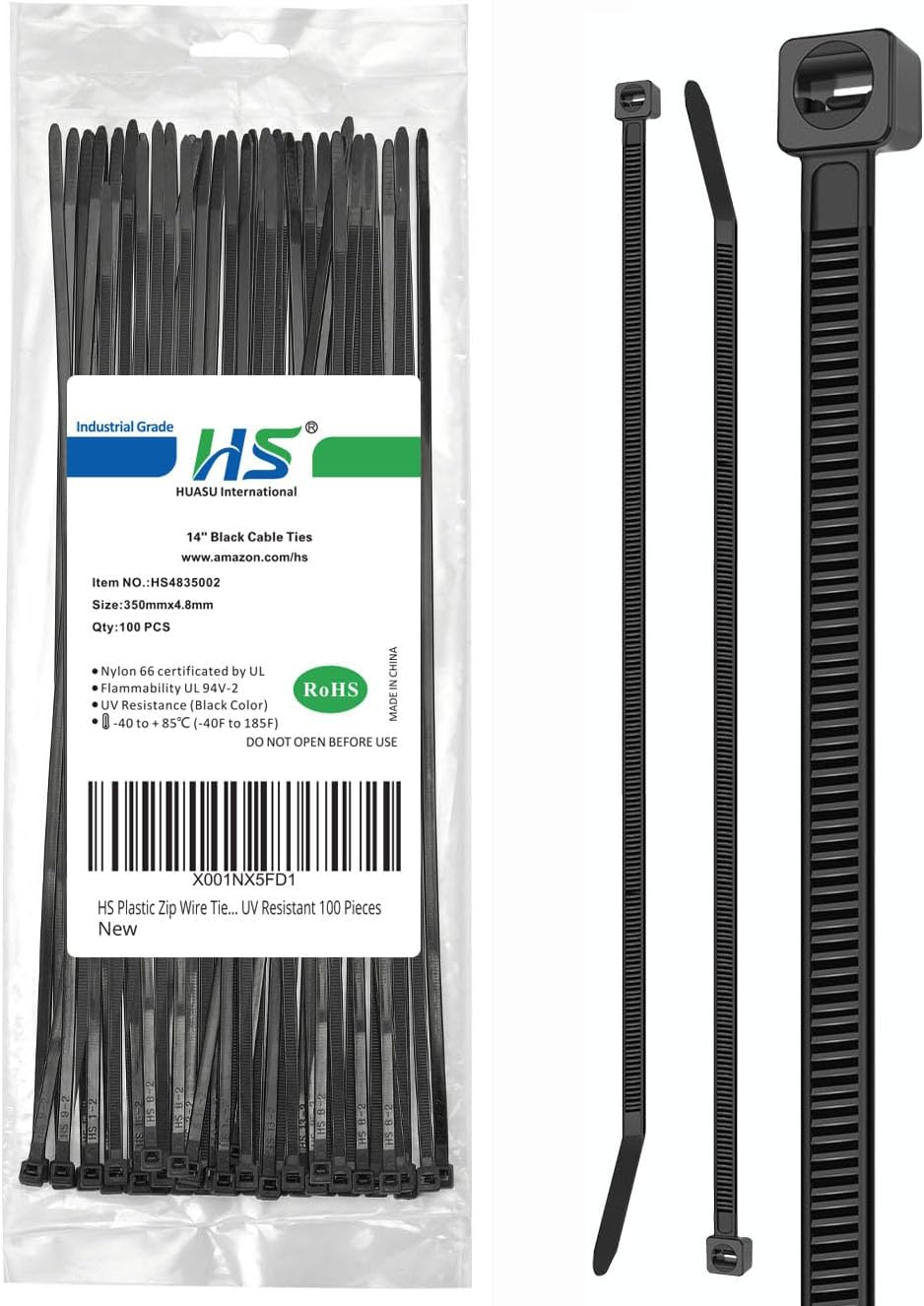 HS 14 Inch Plastic Wire Zip Ties UV Resistant for Fencing Camping Outdoor Purpose 100pcs,50 LBS Strength Heavy Duty Long Cable Tie Wraps 14" Black