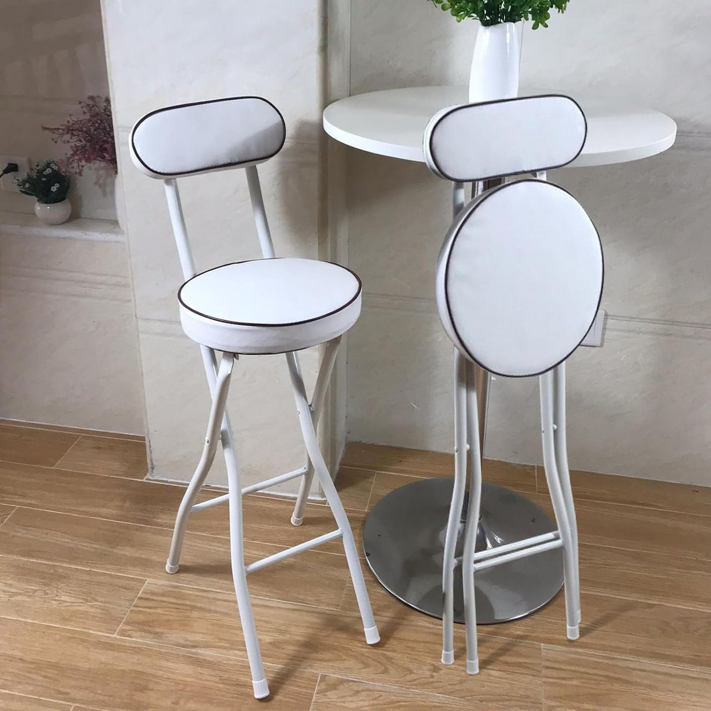 UWEAR Folding Bar Stool with Back,Tall Foldable Stool Leather Padded Portable Stools Counter Height Foldable Stools Chairs,Collapsible Stool for Adults Kitchen Island Guitar Barstools (White)