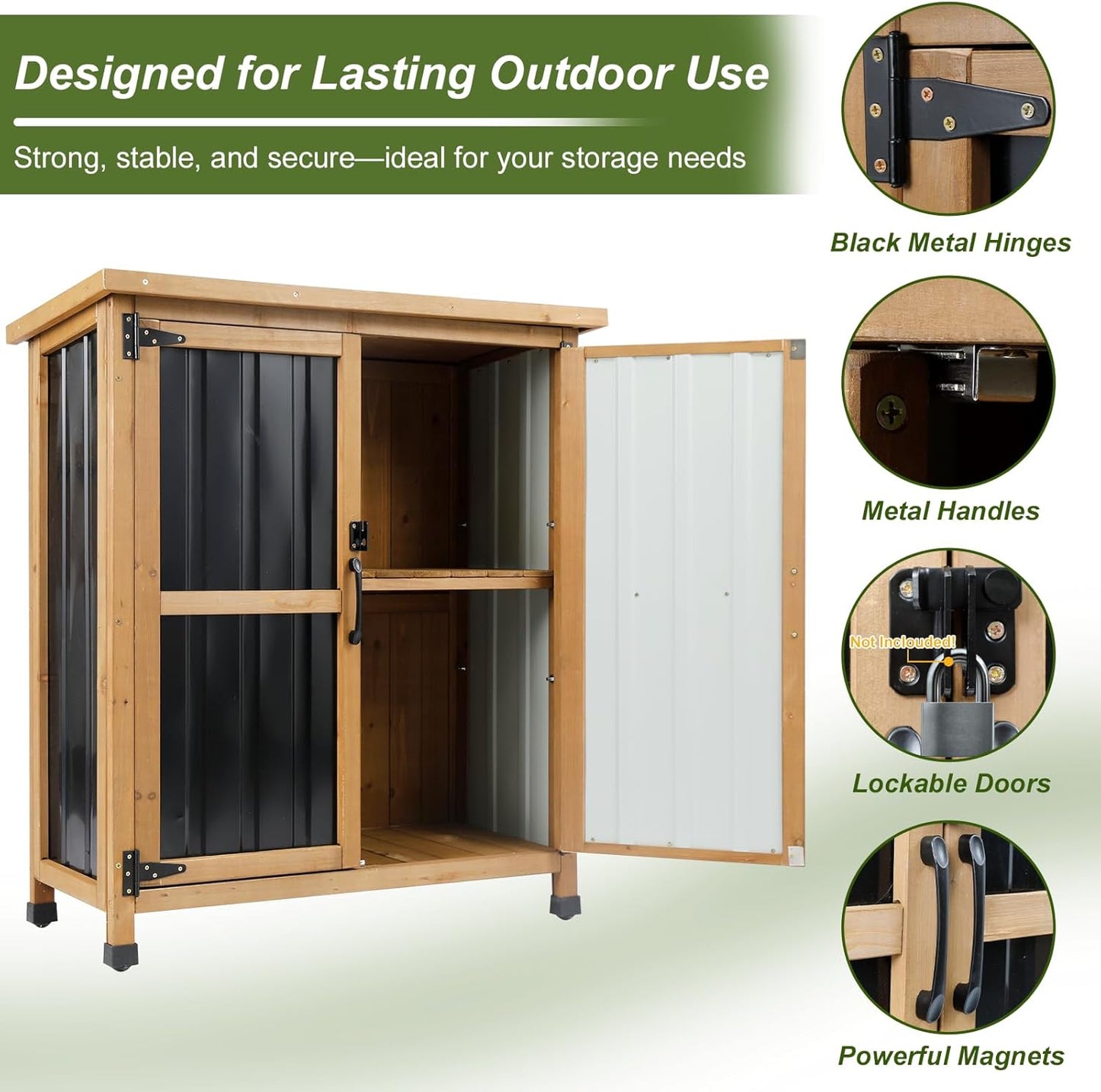 Outdoor Storage Cabinet, Wood & Metal Small Storage Shed with Weather-Resistant Asphalt Roof, Double Lockable Doors & Removable Shelves for Porch, Patio, Garden, Backyard, 32" x 13" x 40"