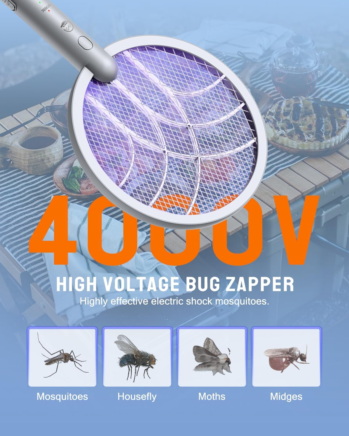 Electric Fly Swatter Racket, Mosiller 2 in 1 Bug Zapper with Type-C Rechargeable Base, 4000V Mosquito Killer with 3-Layer Safety Mesh for Pest Insect Control for Indoor、Office、Camping(Grey-1 Pack)