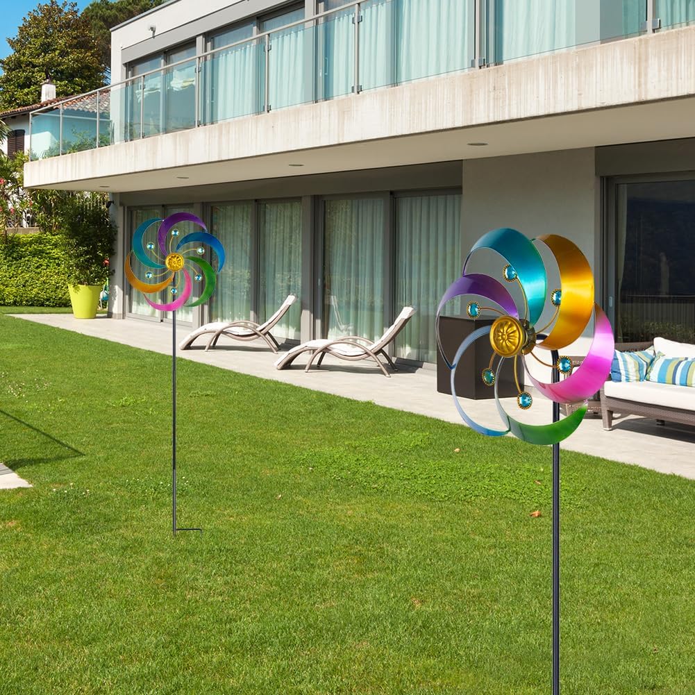 DREAMYSOUL 2 Packs Metal Wind Spinners Outdoor, Colorful Pinwheels for Yard and Garden, Kinetic Wind Spinner & Sculpture