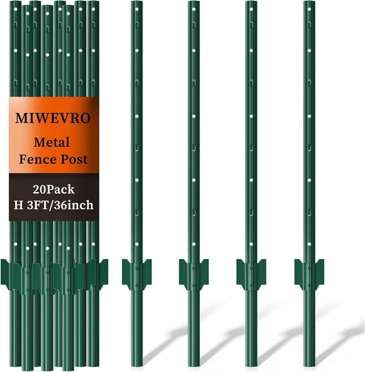 20 Pack Garden Fence Post, 3 Feet Heavy Duty Metal U-Post for Wire Fence, No Dig Garden Fence Stakes for Temporary Fencing, Electric Fence Wire, Corner Anchor, and More-Green