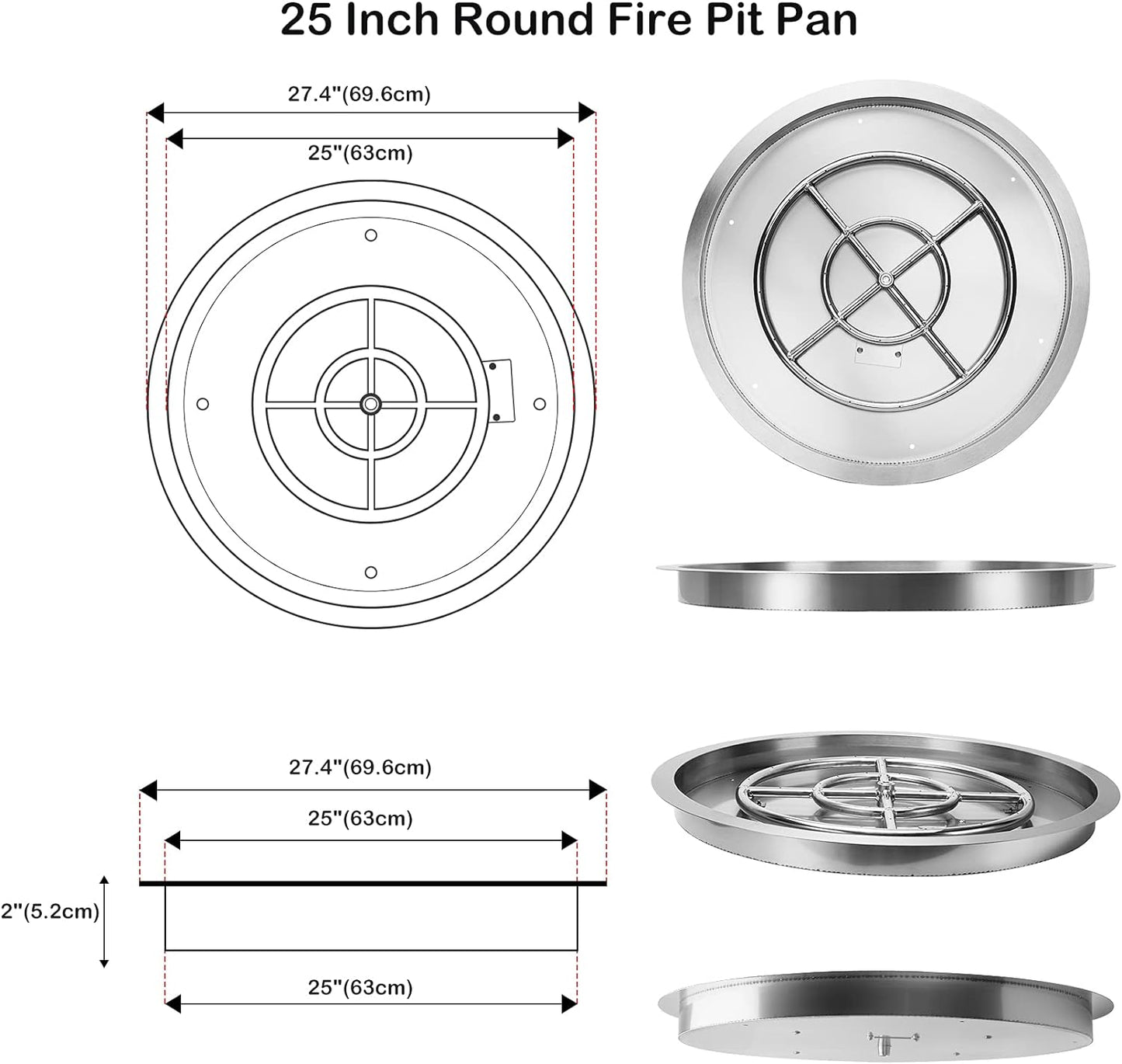 Stanbroil 25 Inch Drop-in Fire Pit Pan, Gas Fire Pit Burner Inserted for Propane & Natural Gas, BTU 147,000 Max