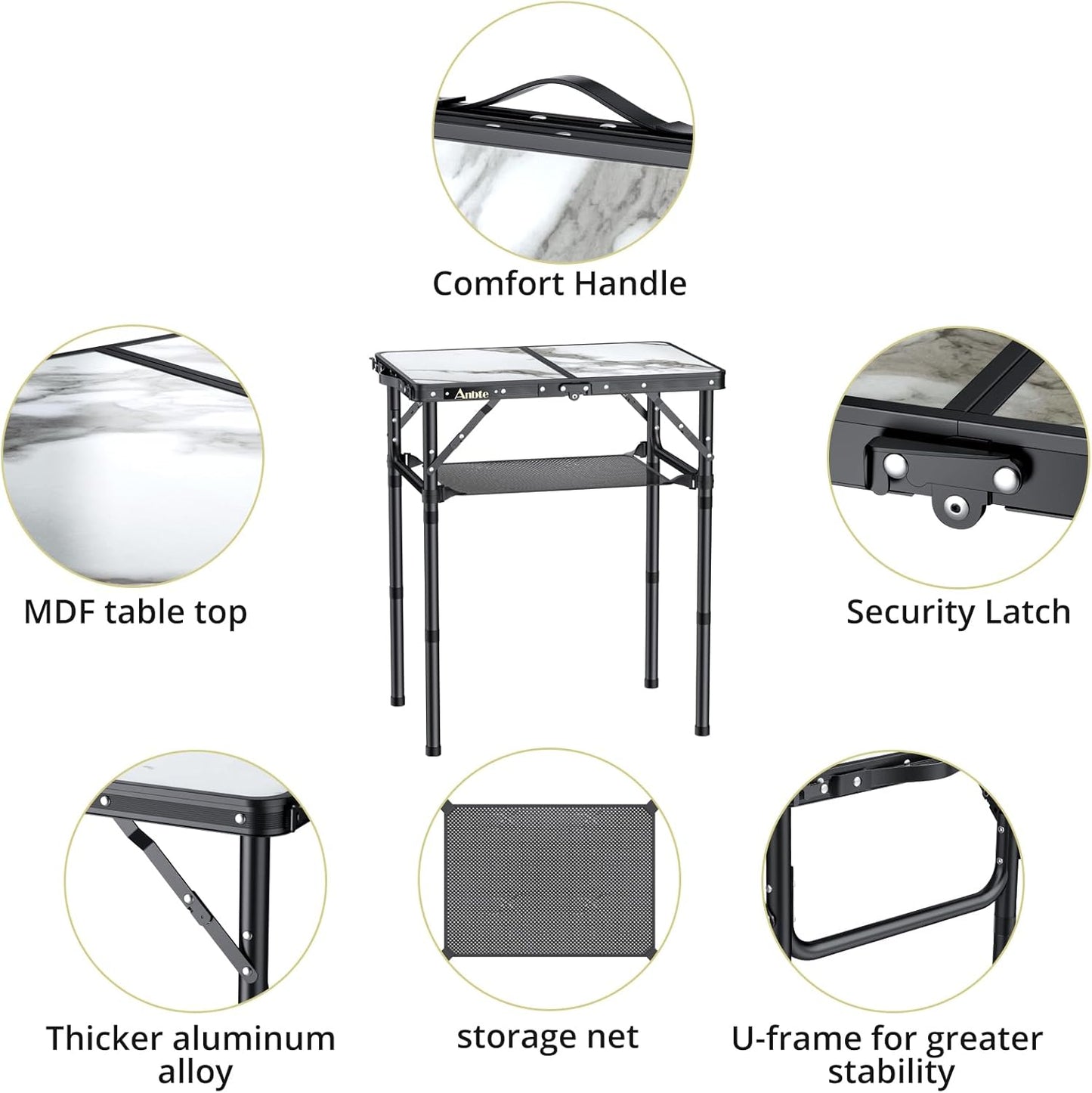 Folding Camping Table with Storage Net, 3 Adjustable Height Max 27.5" Aluminum Small Folding Table, Portable Table with Carry Handle, Lightweight, for Outdoor Indoor Travel Camping Picnic